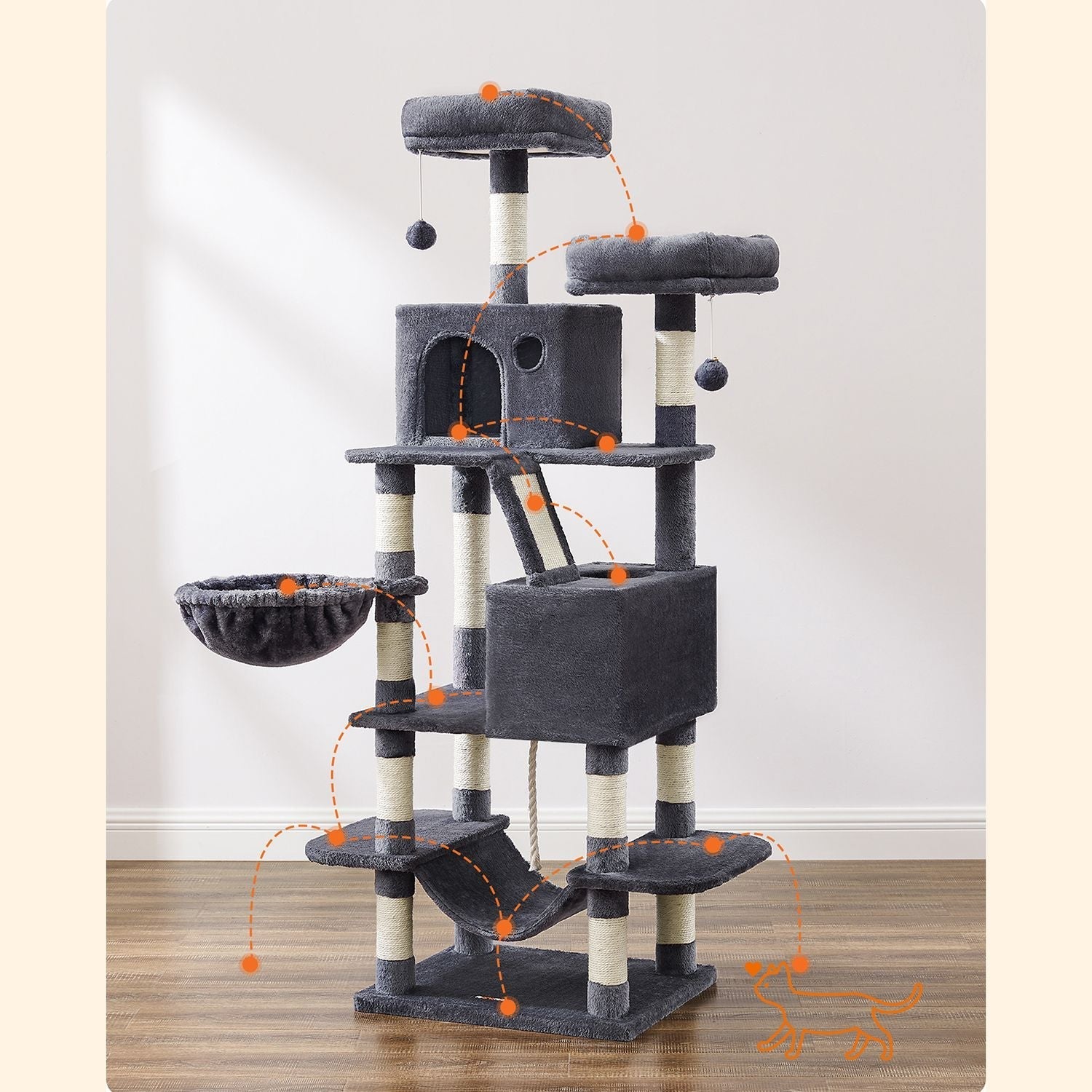 Large Cat Tower - 13 Scratching Posts - Engineered Wood - Light Grey - Encourages Healthy Scratching Habits
