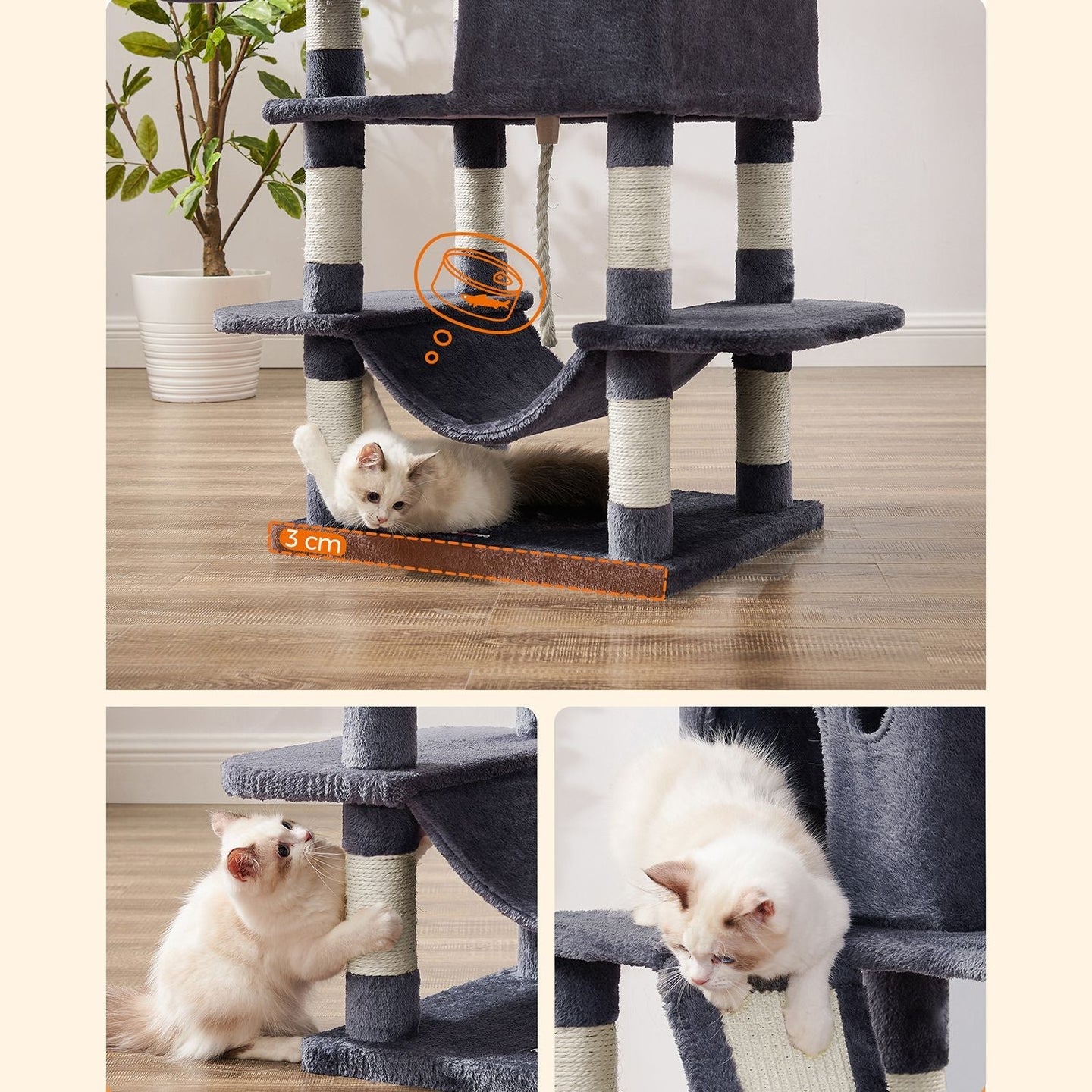Large Cat Tower - 13 Scratching Posts - Engineered Wood - Light Grey - Encourages Healthy Scratching Habits