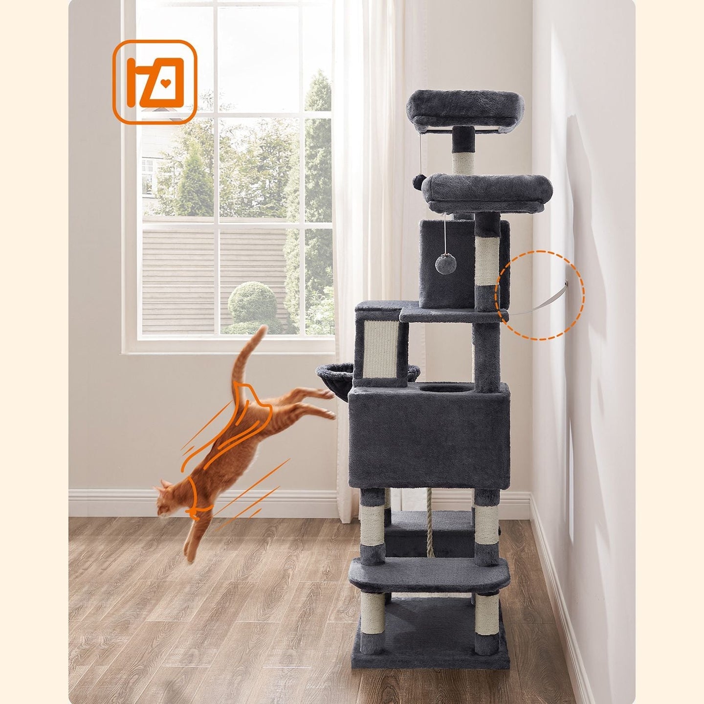 Large Cat Tower - 13 Scratching Posts - Engineered Wood - Light Grey - Encourages Healthy Scratching Habits