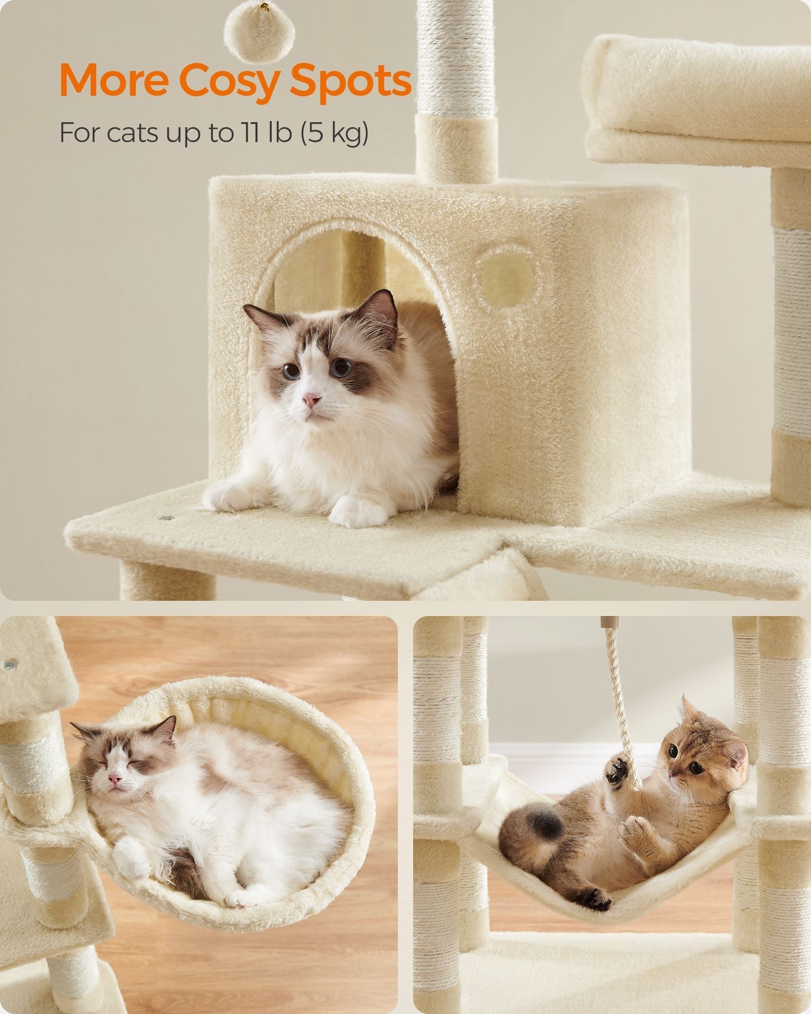 Large Cat Tree - Engineered Wood - Beige - Multi-Level with 13 Scratching Posts