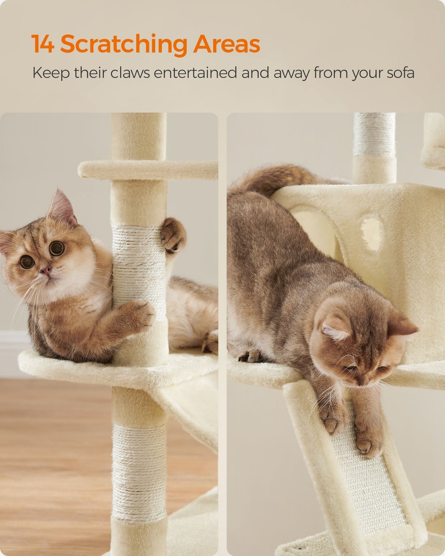 Large Cat Tree - Engineered Wood - Beige - Multi-Level with 13 Scratching Posts