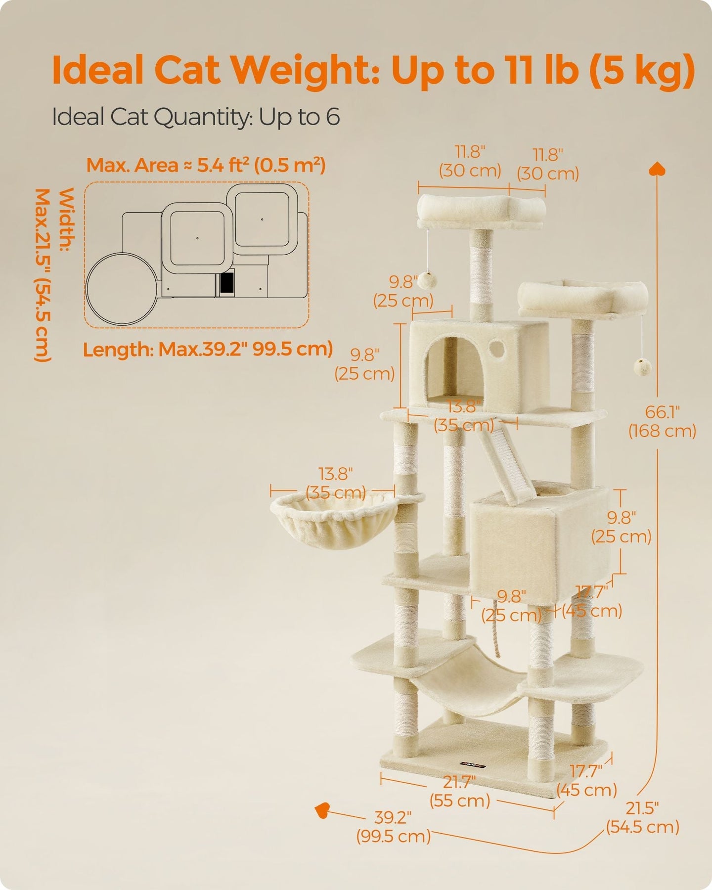 Large Cat Tree - Engineered Wood - Beige - Multi-Level with 13 Scratching Posts
