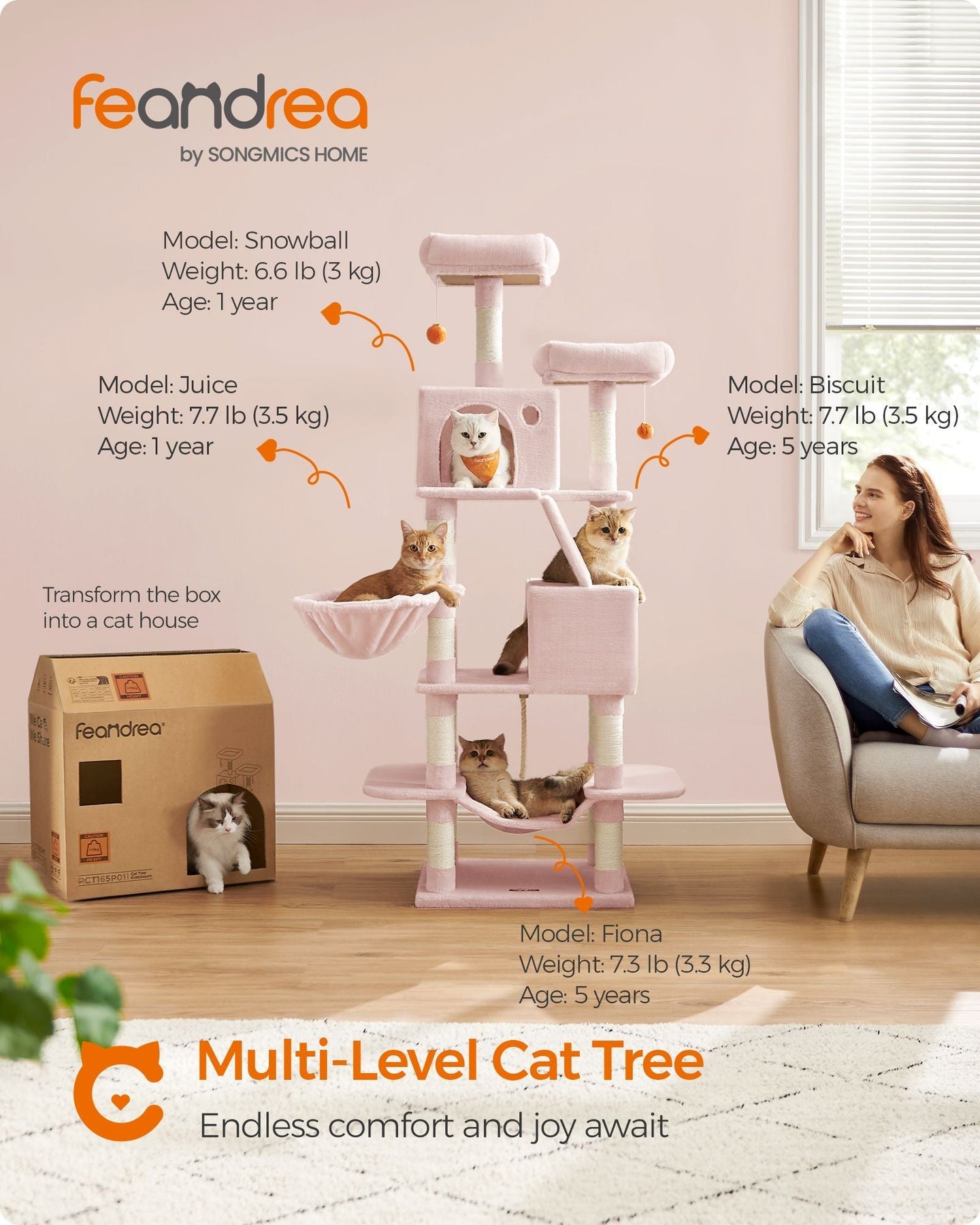 Large Multi-Level Cat Tree - 13 Scratching Posts - Wood - Jelly Pink - Encourages Healthy Scratching Habits