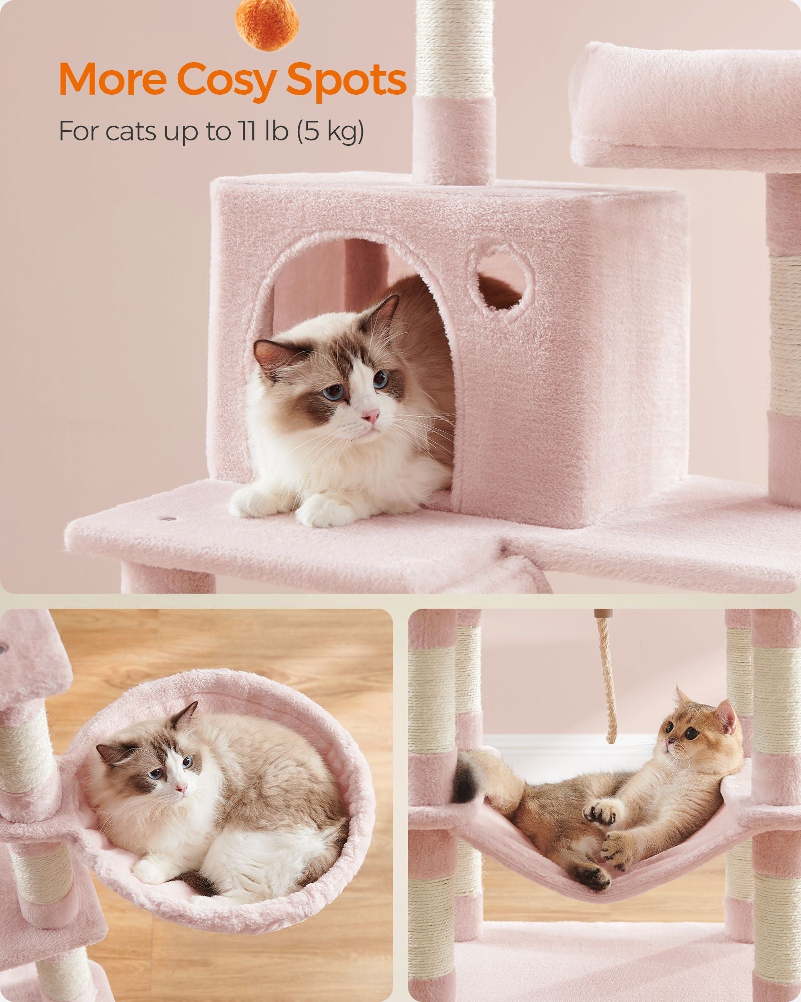 Large Multi-Level Cat Tree - 13 Scratching Posts - Wood - Jelly Pink - Encourages Healthy Scratching Habits