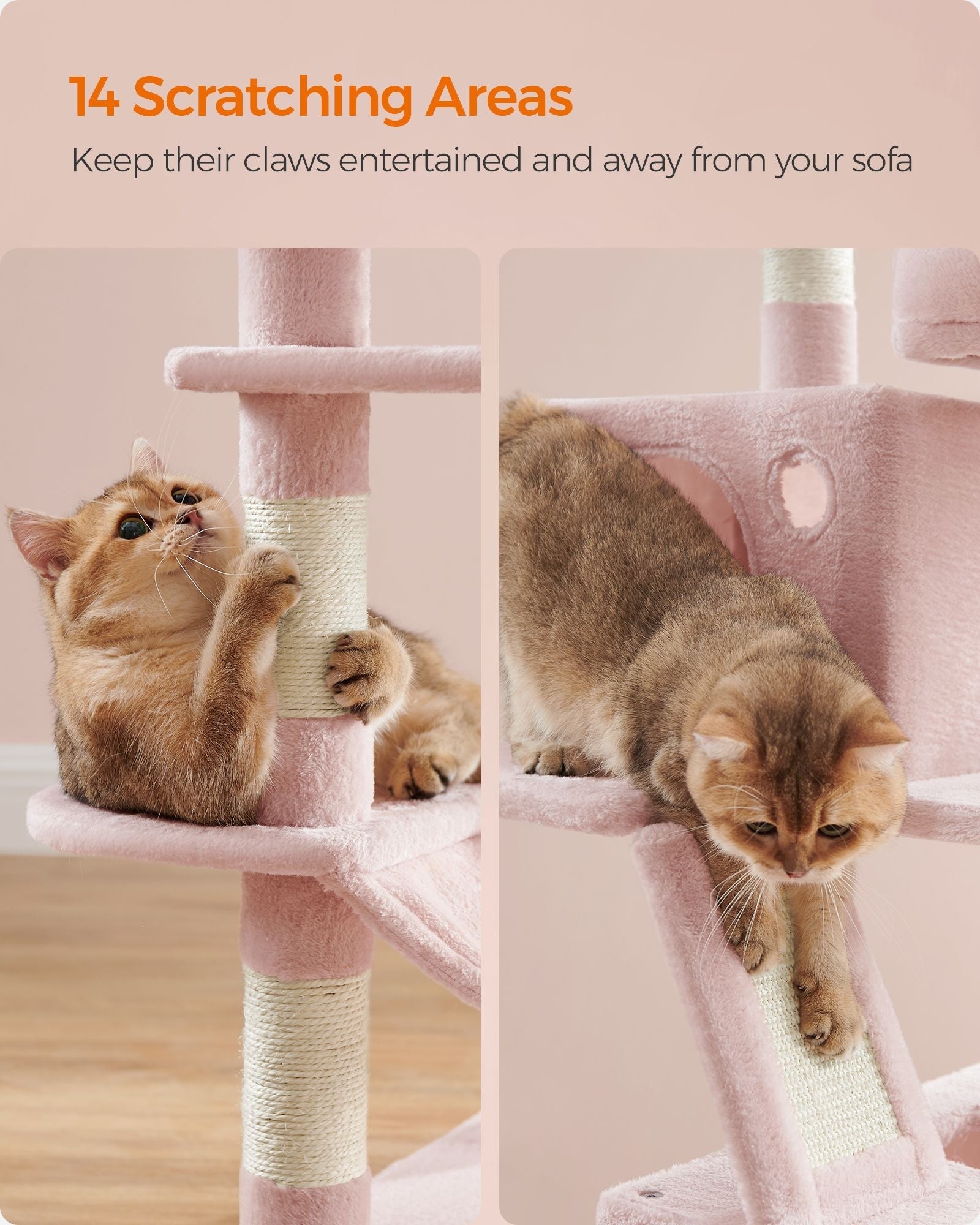 Large Multi-Level Cat Tree - 13 Scratching Posts - Wood - Jelly Pink - Encourages Healthy Scratching Habits
