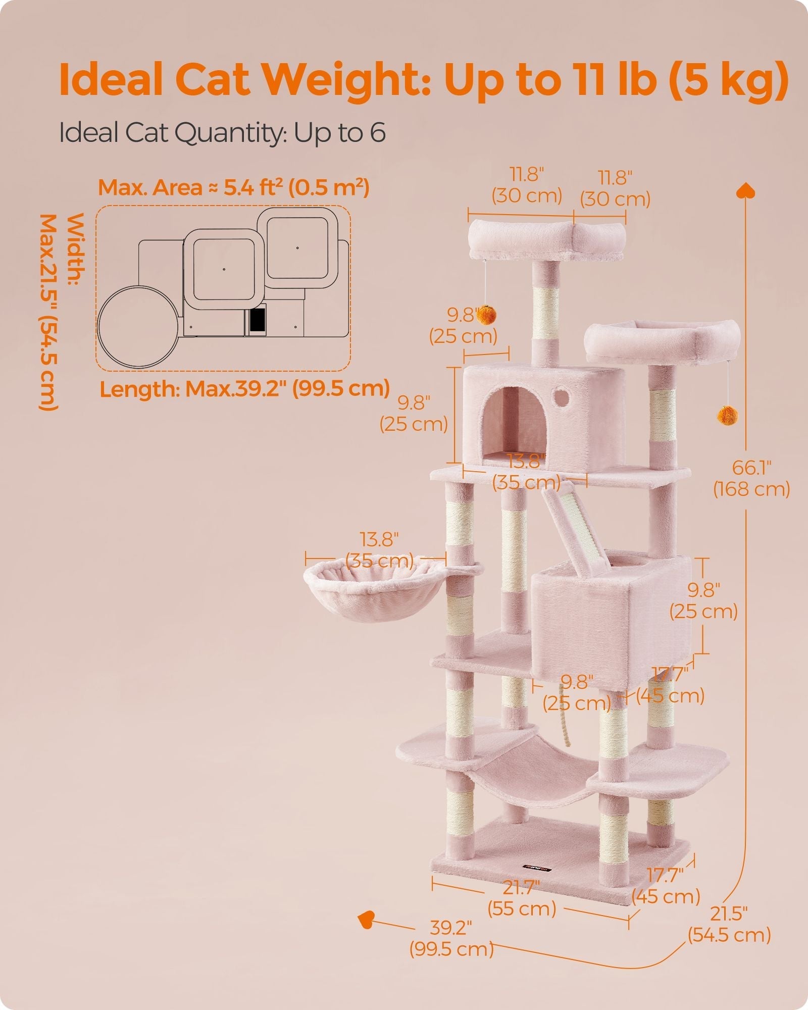 Large Multi-Level Cat Tree - 13 Scratching Posts - Wood - Jelly Pink - Encourages Healthy Scratching Habits