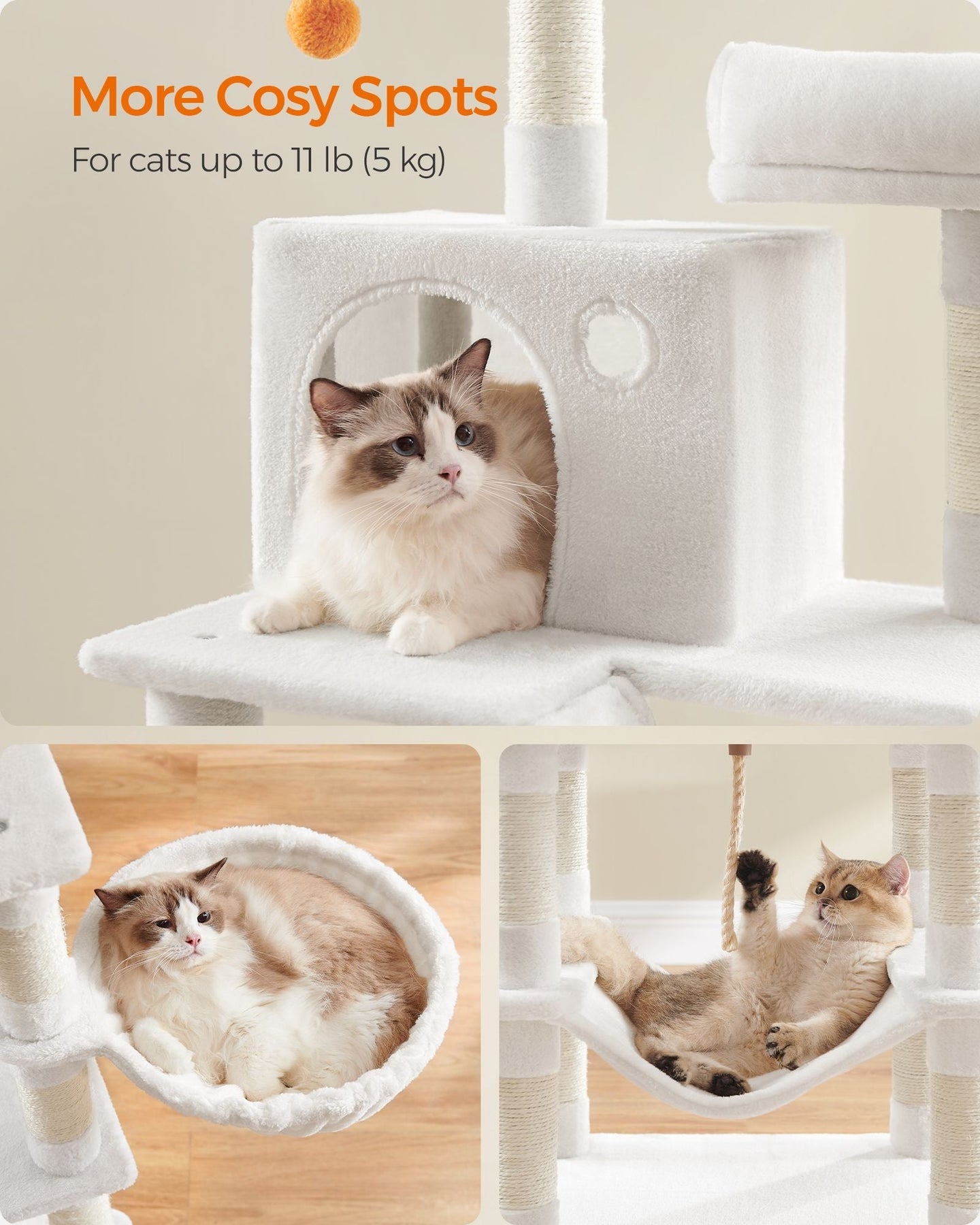 Cat Tree - Engineered Wood - Cream White - 168 cm Tall with 13 Scratching Posts