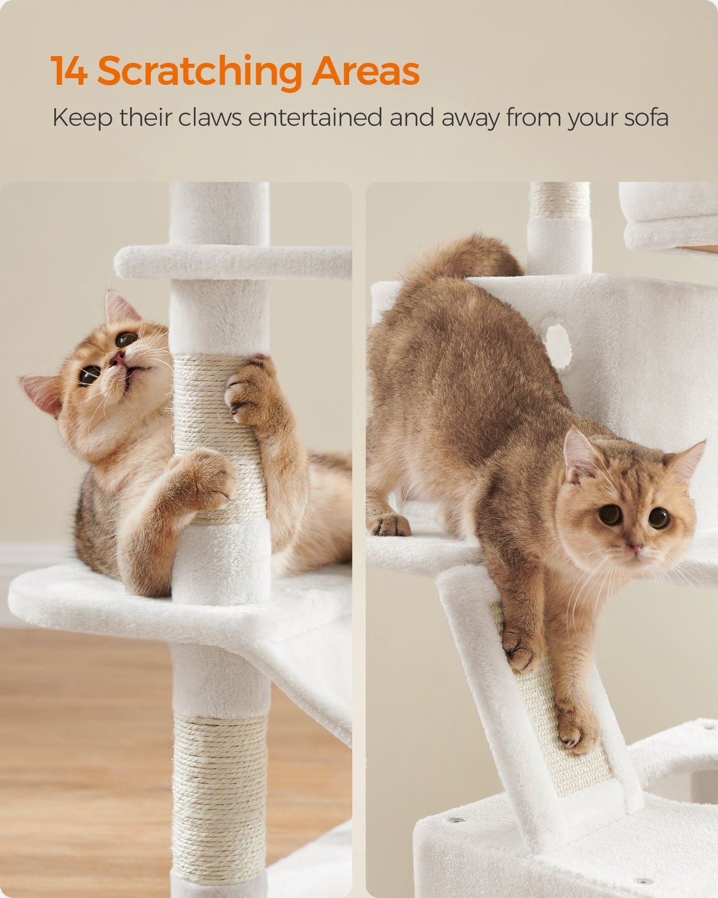 Cat Tree - Engineered Wood - Cream White - 168 cm Tall with 13 Scratching Posts