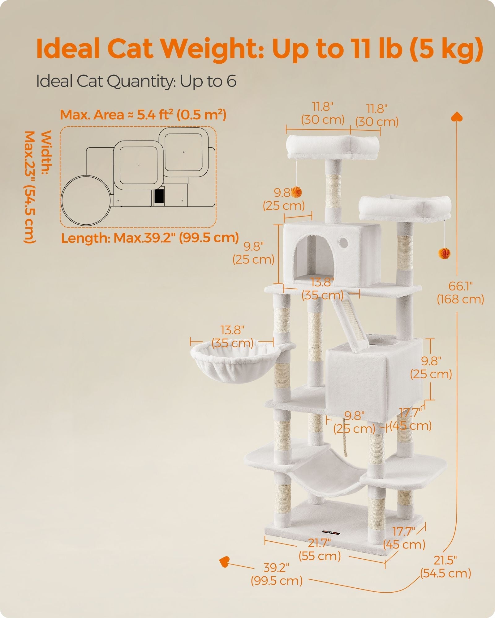 Cat Tree - Engineered Wood - Cream White - 168 cm Tall with 13 Scratching Posts