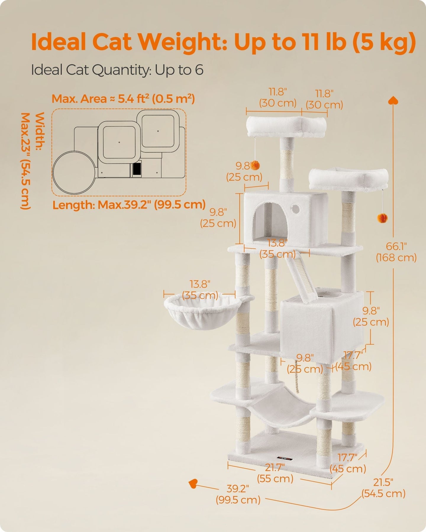 Cat Tree - Engineered Wood - Cream White - 168 cm Tall with 13 Scratching Posts