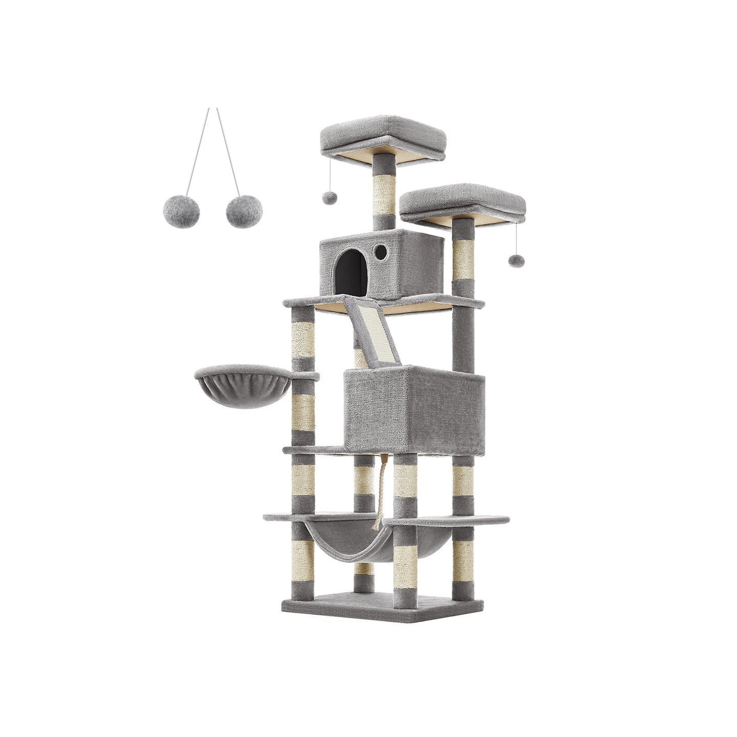 Cat Tree - Engineered Wood - Cream White - 168 cm Tall with 13 Scratching Posts