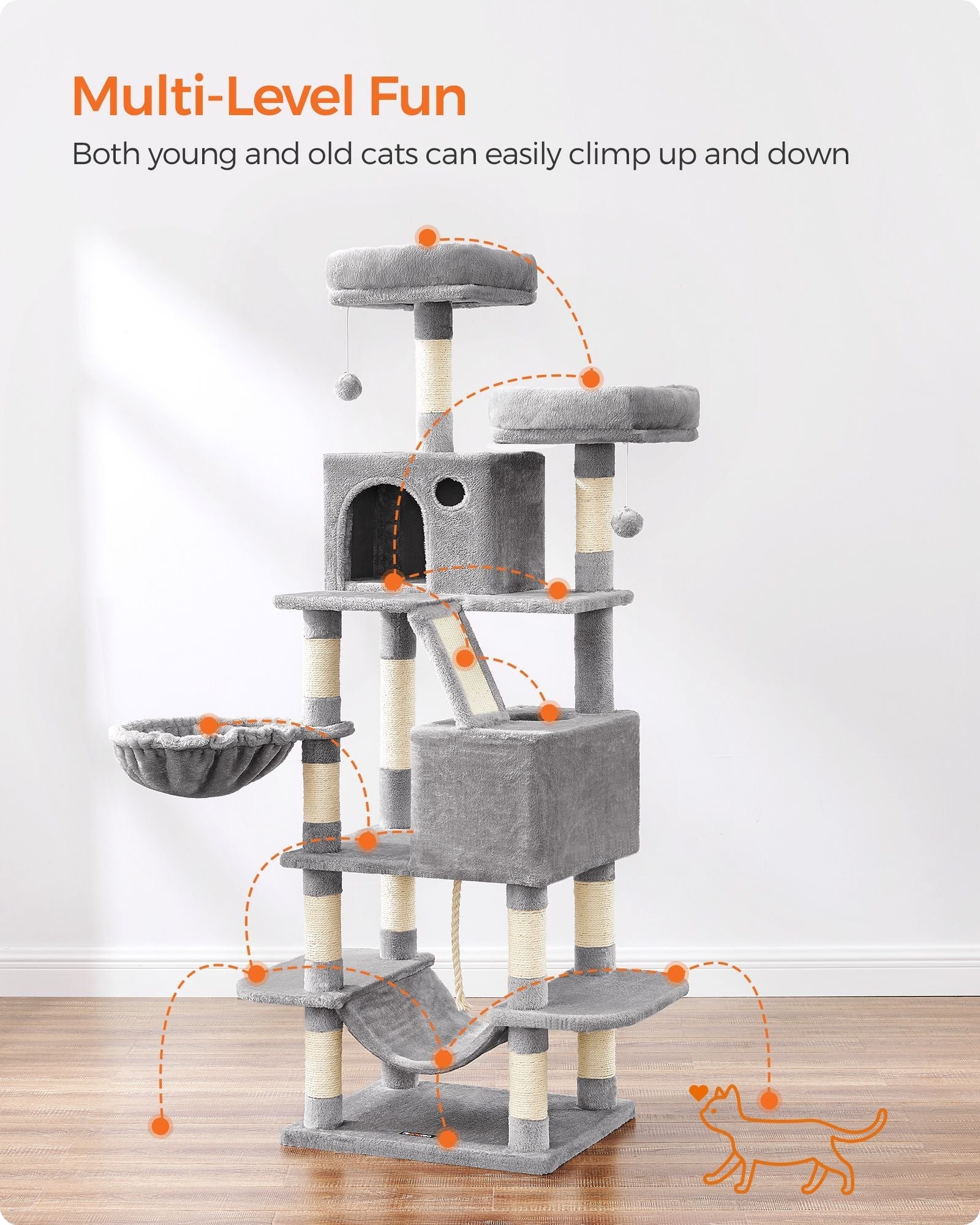 Cat Tree - Wood - Light Grey - 168 cm Tall with 13 Scratching Posts