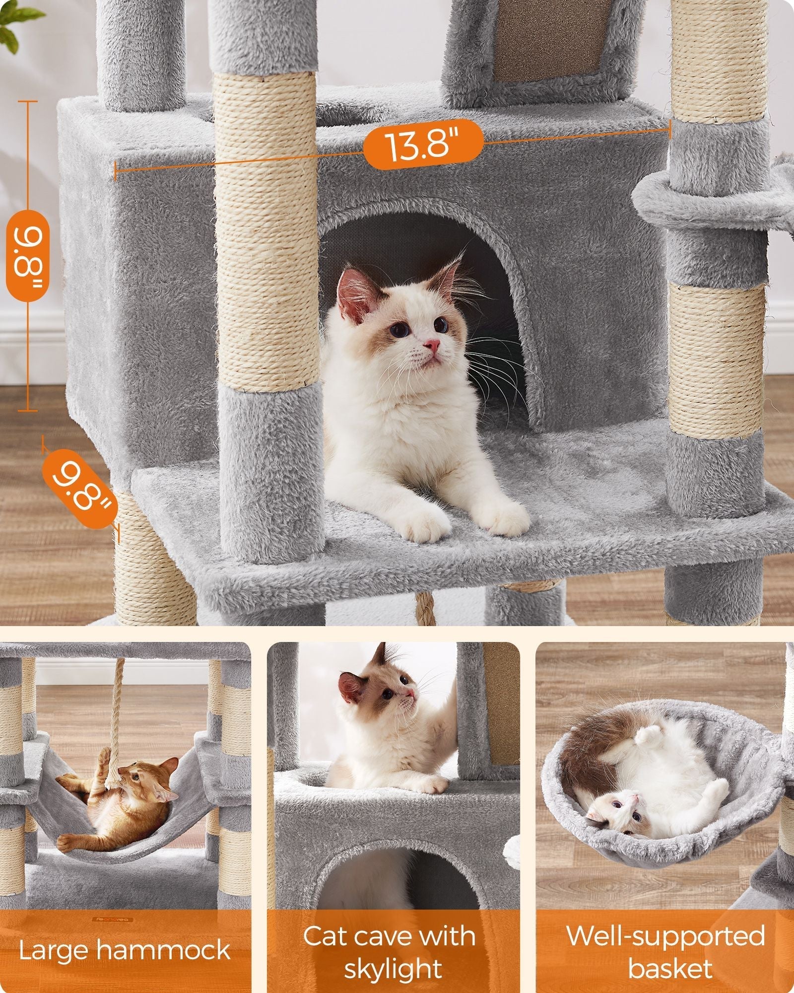 Cat Tree - Wood - Light Grey - 168 cm Tall with 13 Scratching Posts