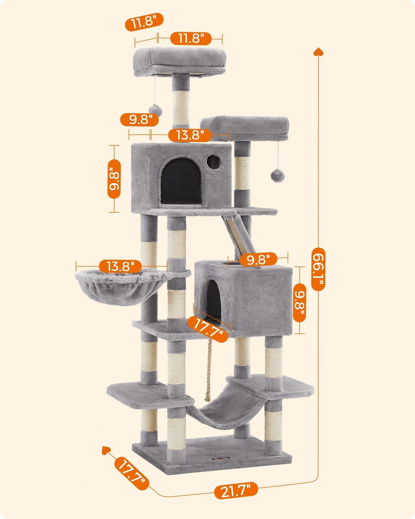 Cat Tree - Wood - Light Grey - 168 cm Tall with 13 Scratching Posts