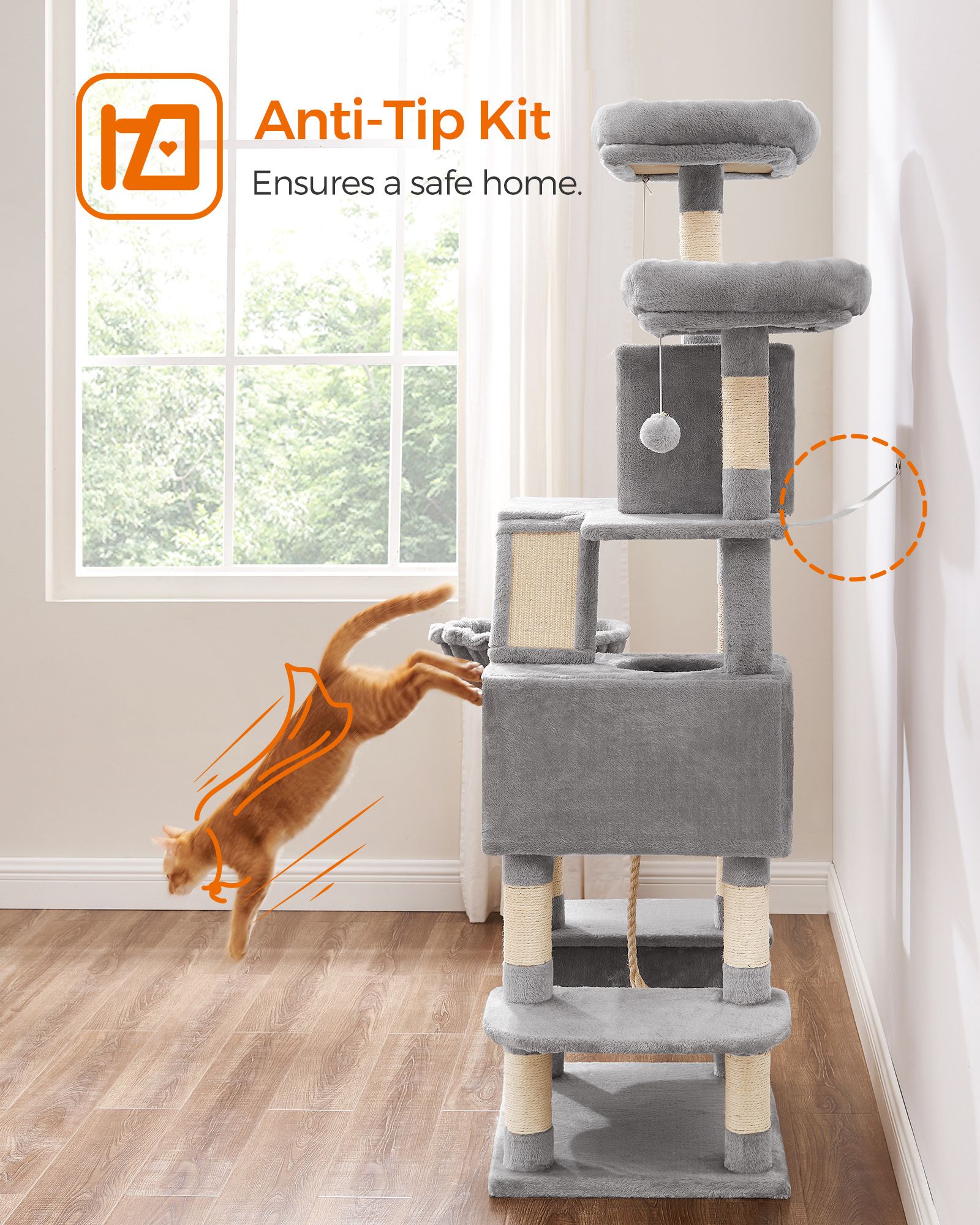 Cat Tree - Wood - Light Grey - 168 cm Tall with 13 Scratching Posts