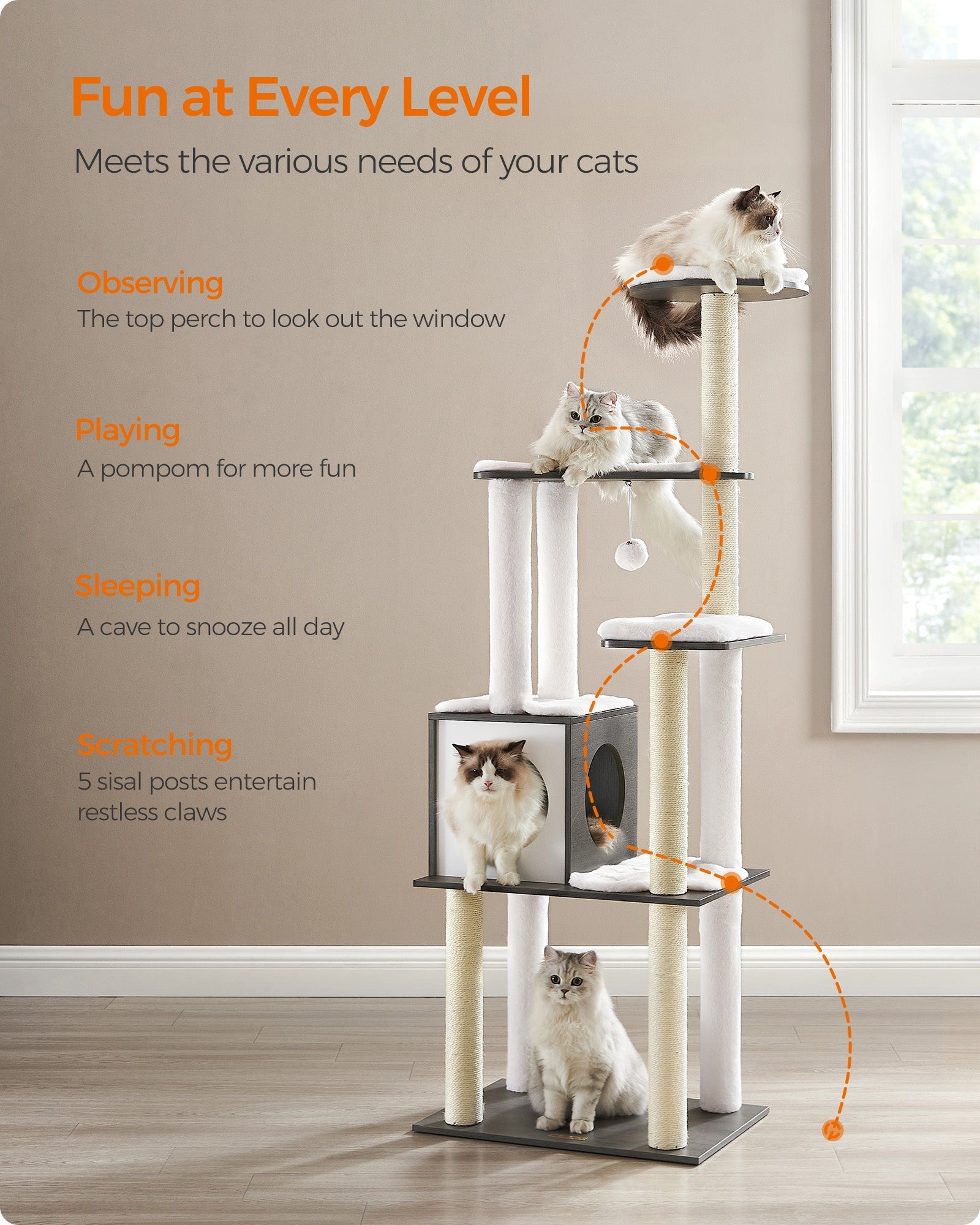 Cat Tree - Wood - Misty Grey - 5 Scratching Posts and Padded Perches