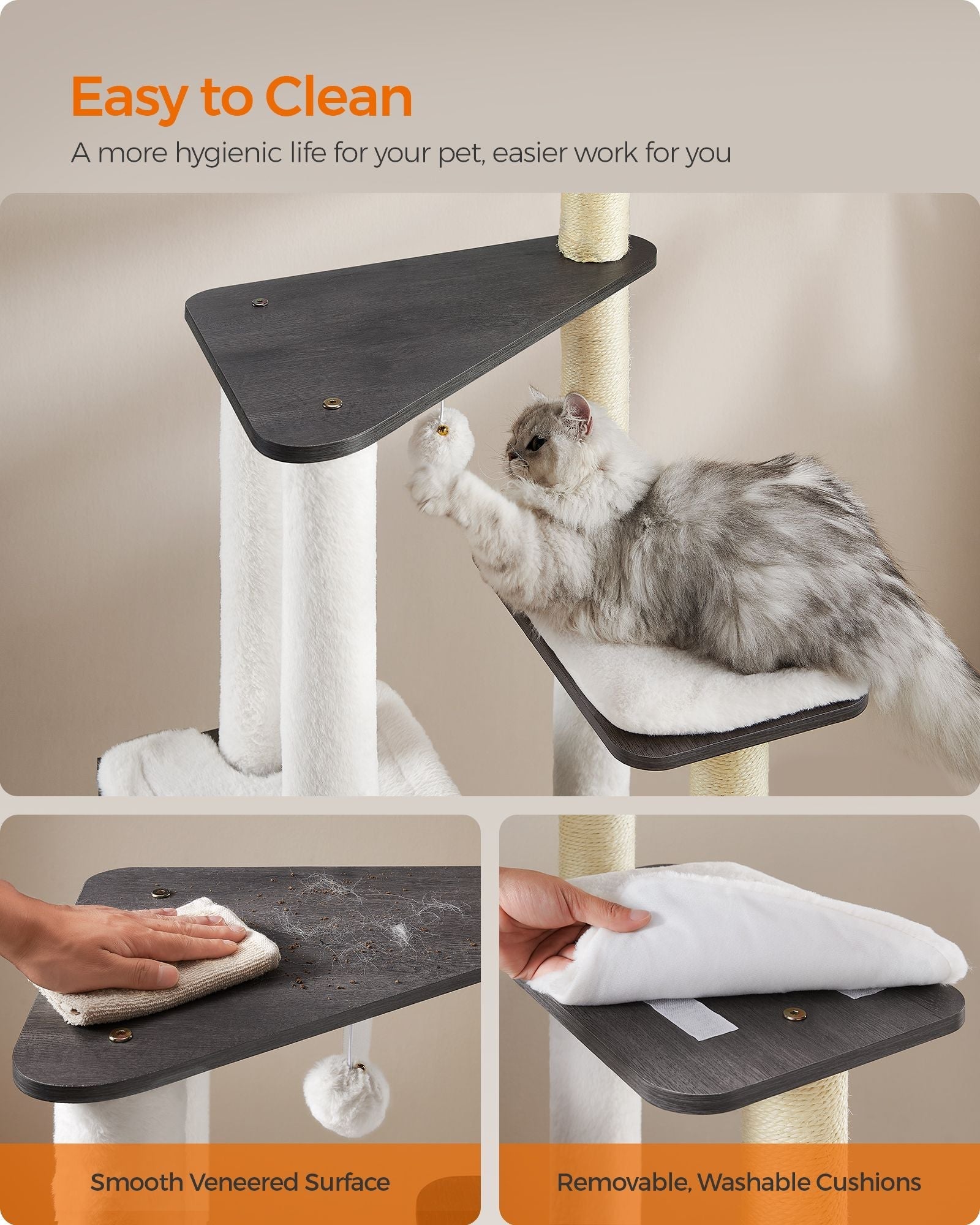 Cat Tree - Wood - Misty Grey - 5 Scratching Posts and Padded Perches