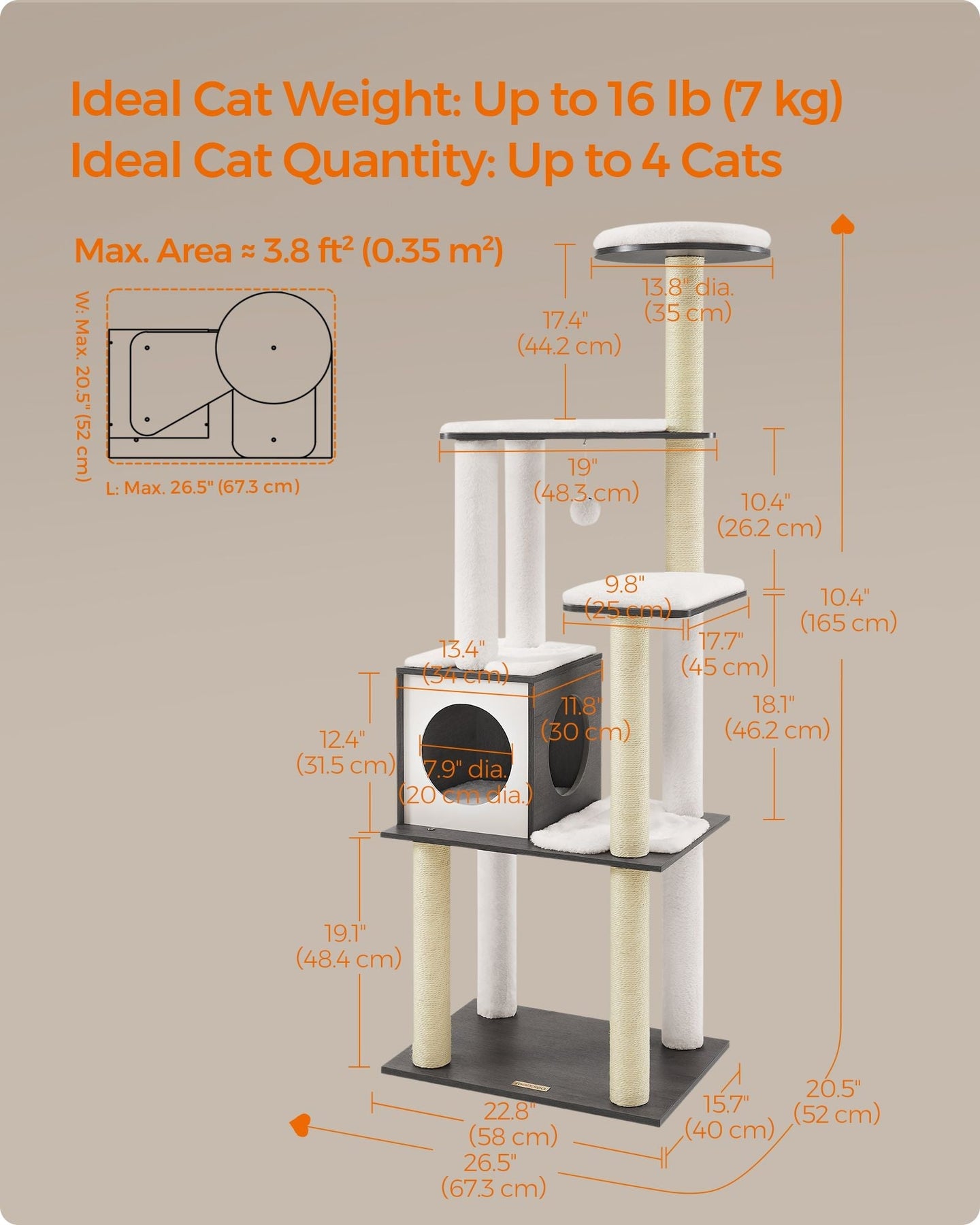 Cat Tree - Wood - Misty Grey - 5 Scratching Posts and Padded Perches