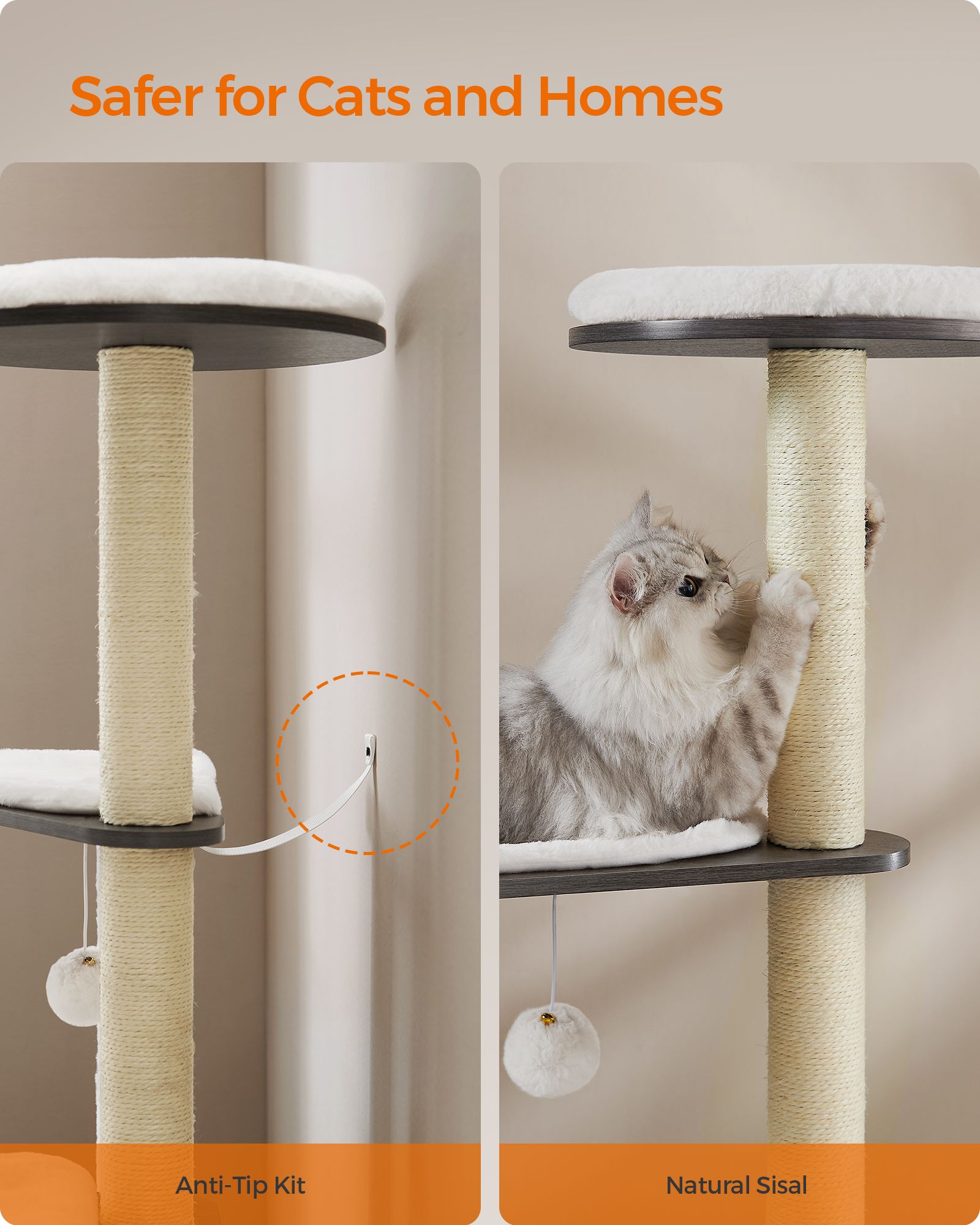 Cat Tree - Wood - Misty Grey - 5 Scratching Posts and Padded Perches