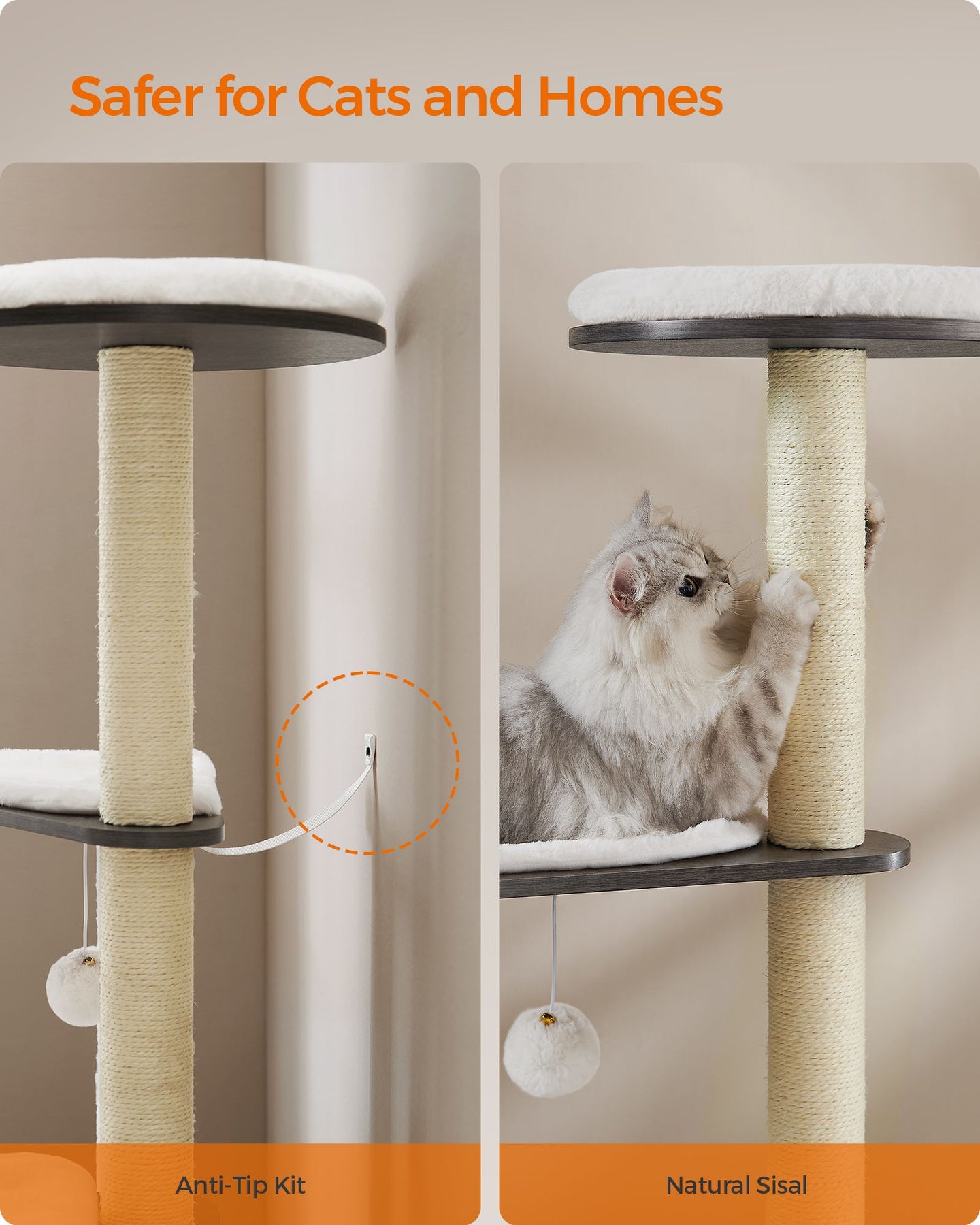 Cat Tree - Wood - Misty Grey - 5 Scratching Posts and Padded Perches