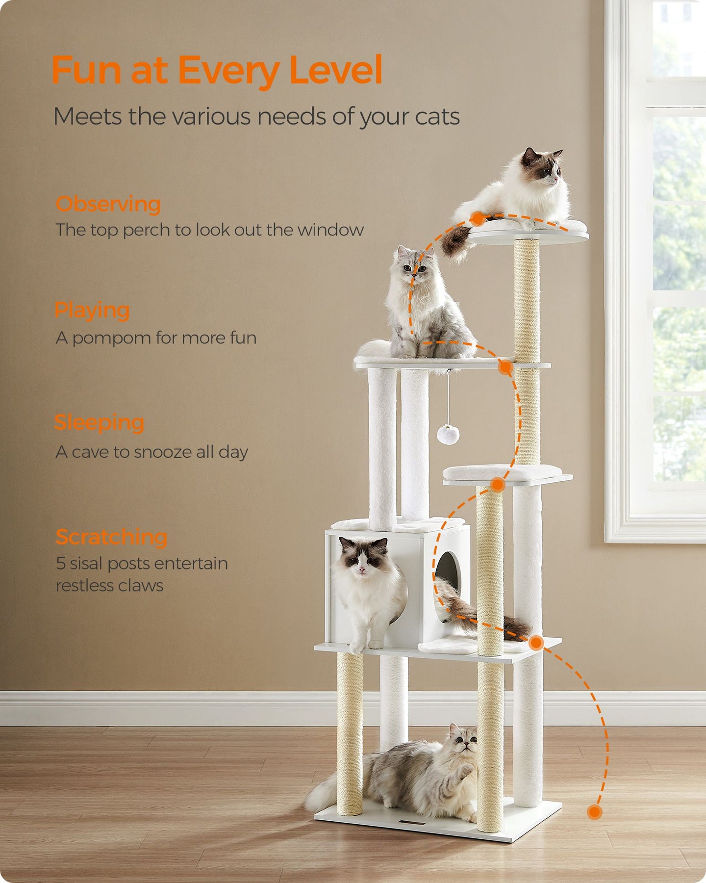 Cat Tree - Wood - Cloud White - 5 Scratching Posts