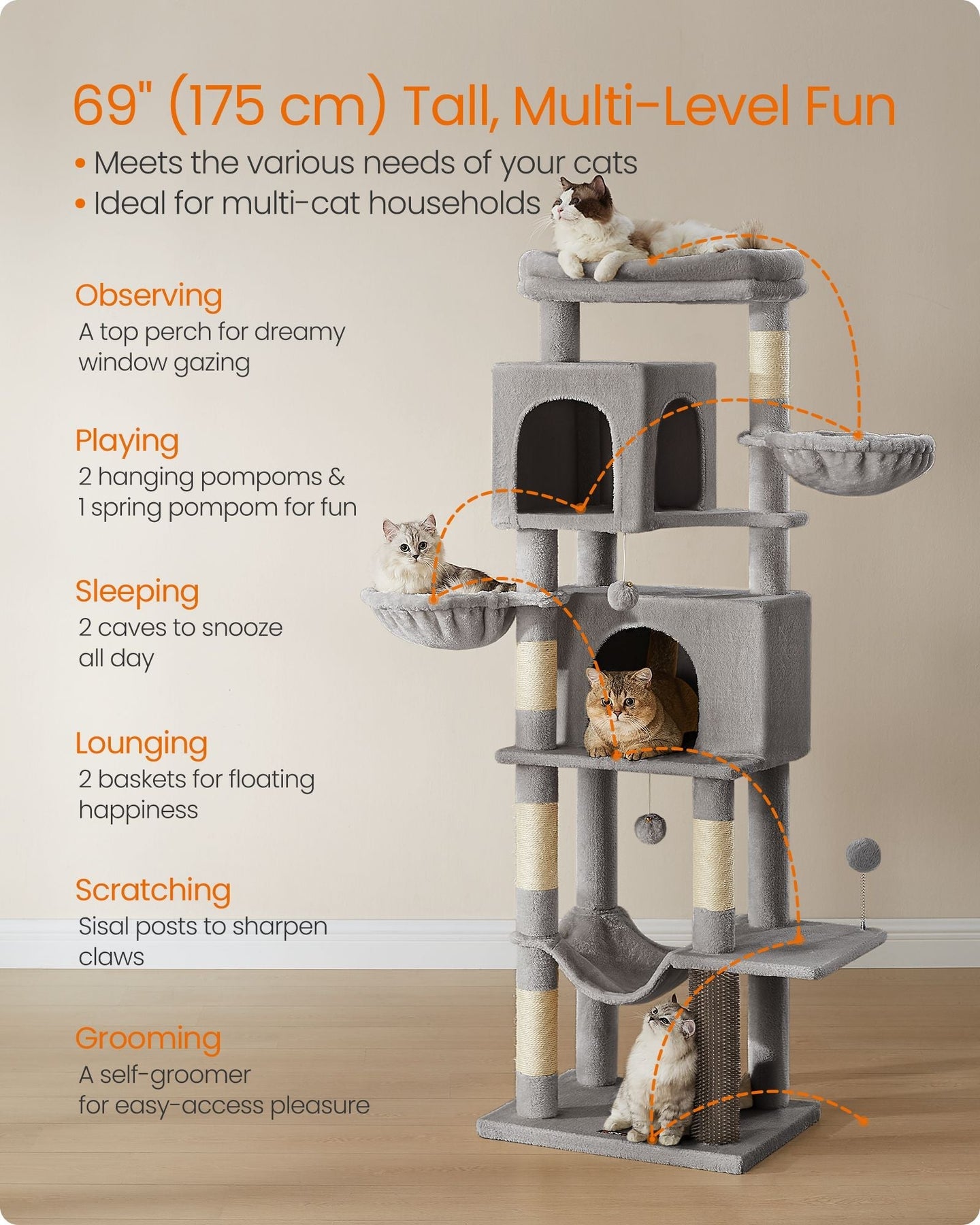 Multi-Level Cat Condo - Engineered Wood - Dove Grey - 2 Caves