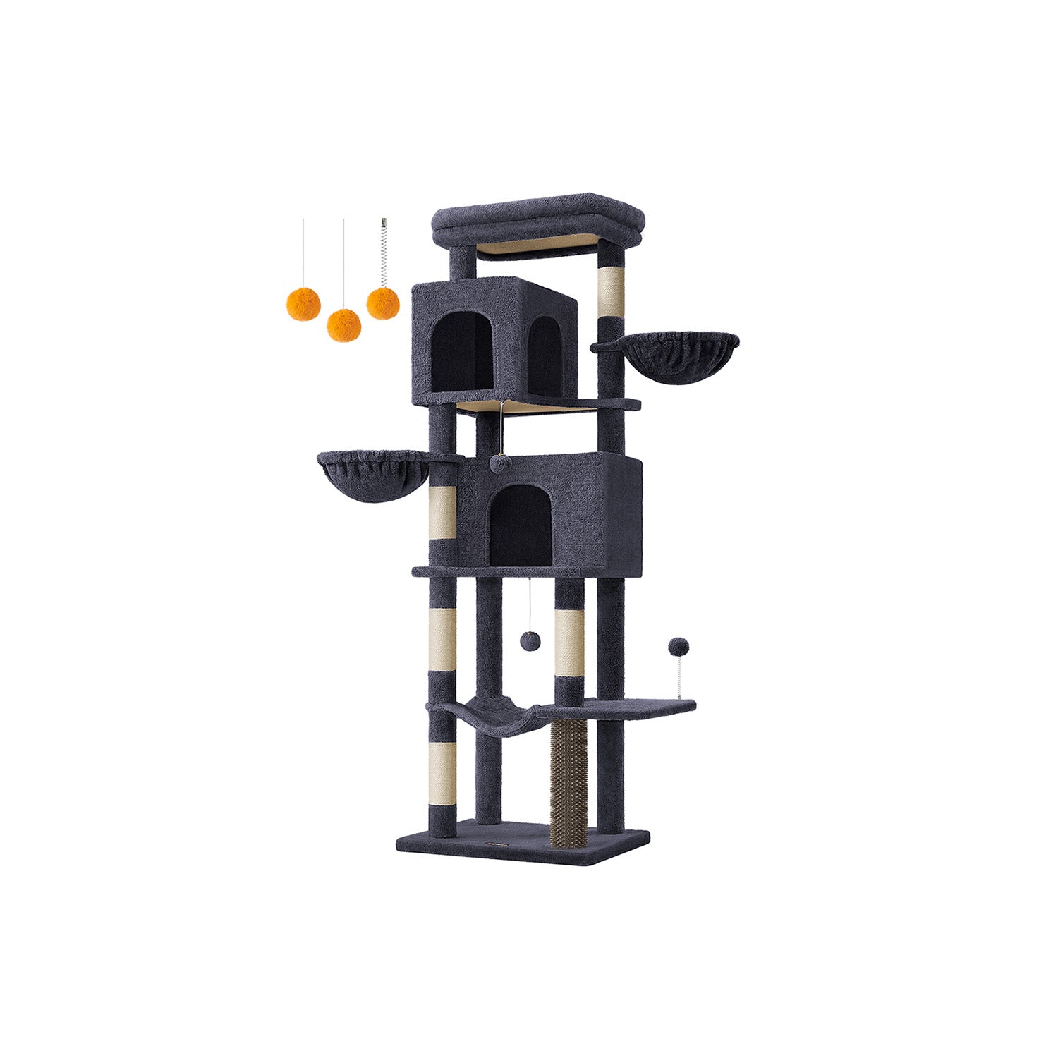 Cat Tree - Engineered Wood - Dark Grey - Multi-Level with 5 Scratching Posts and 2 Caves