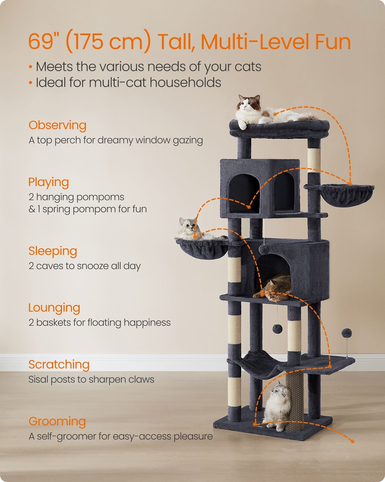 Cat Tree - Engineered Wood - Dark Grey - Multi-Level with 5 Scratching Posts and 2 Caves