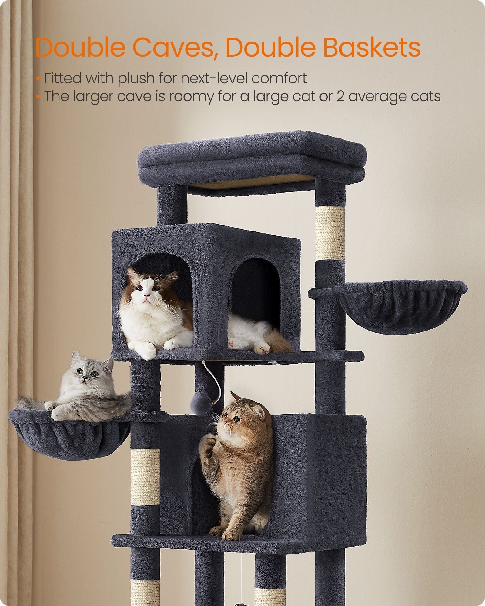 Cat Tree - Engineered Wood - Dark Grey - Multi-Level with 5 Scratching Posts and 2 Caves