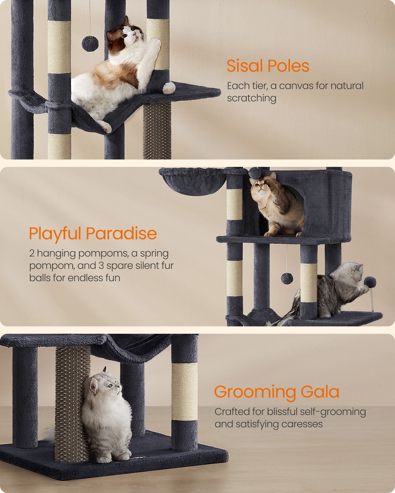 Cat Tree - Engineered Wood - Dark Grey - Multi-Level with 5 Scratching Posts and 2 Caves