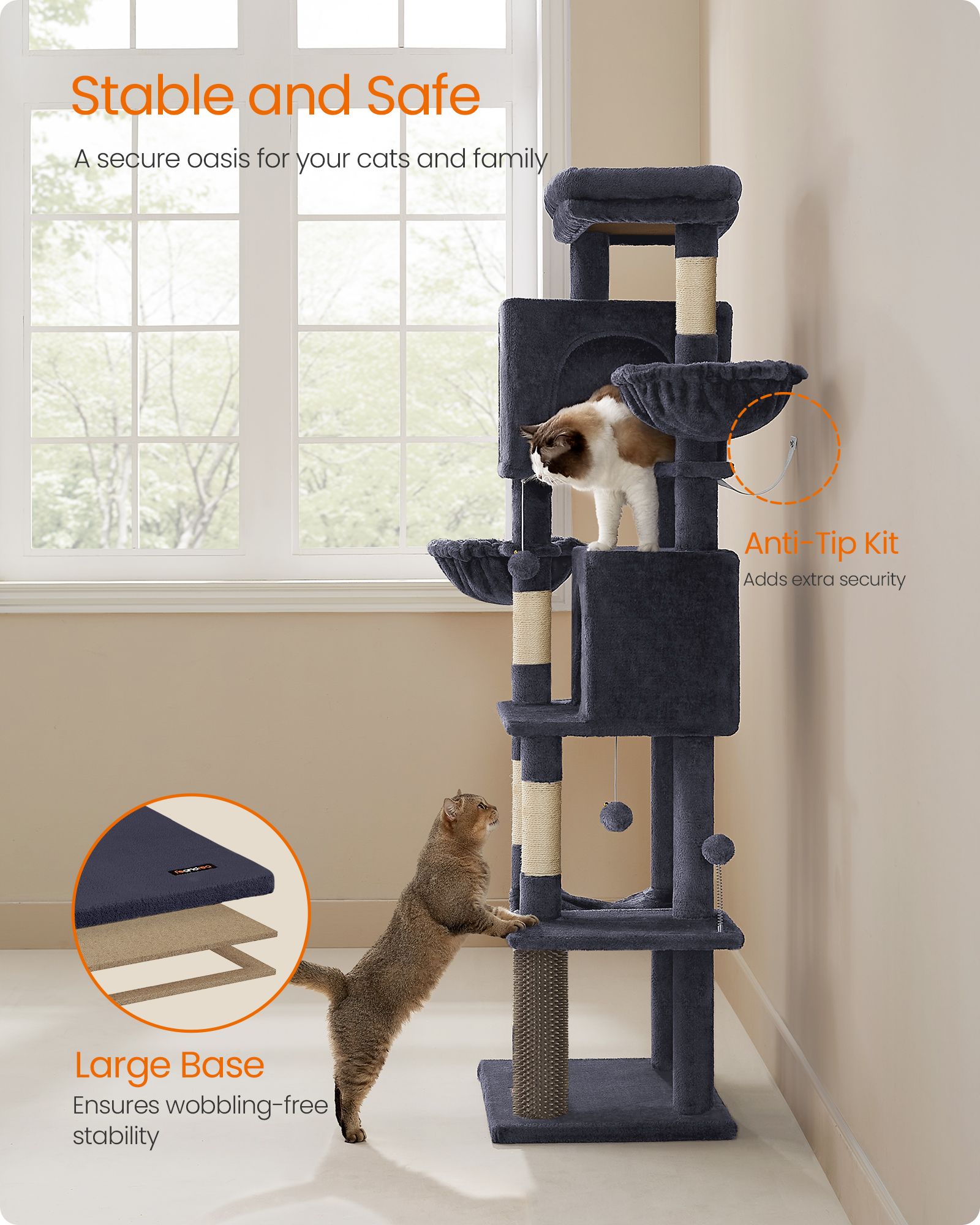 Cat Tree - Engineered Wood - Dark Grey - Multi-Level with 5 Scratching Posts and 2 Caves