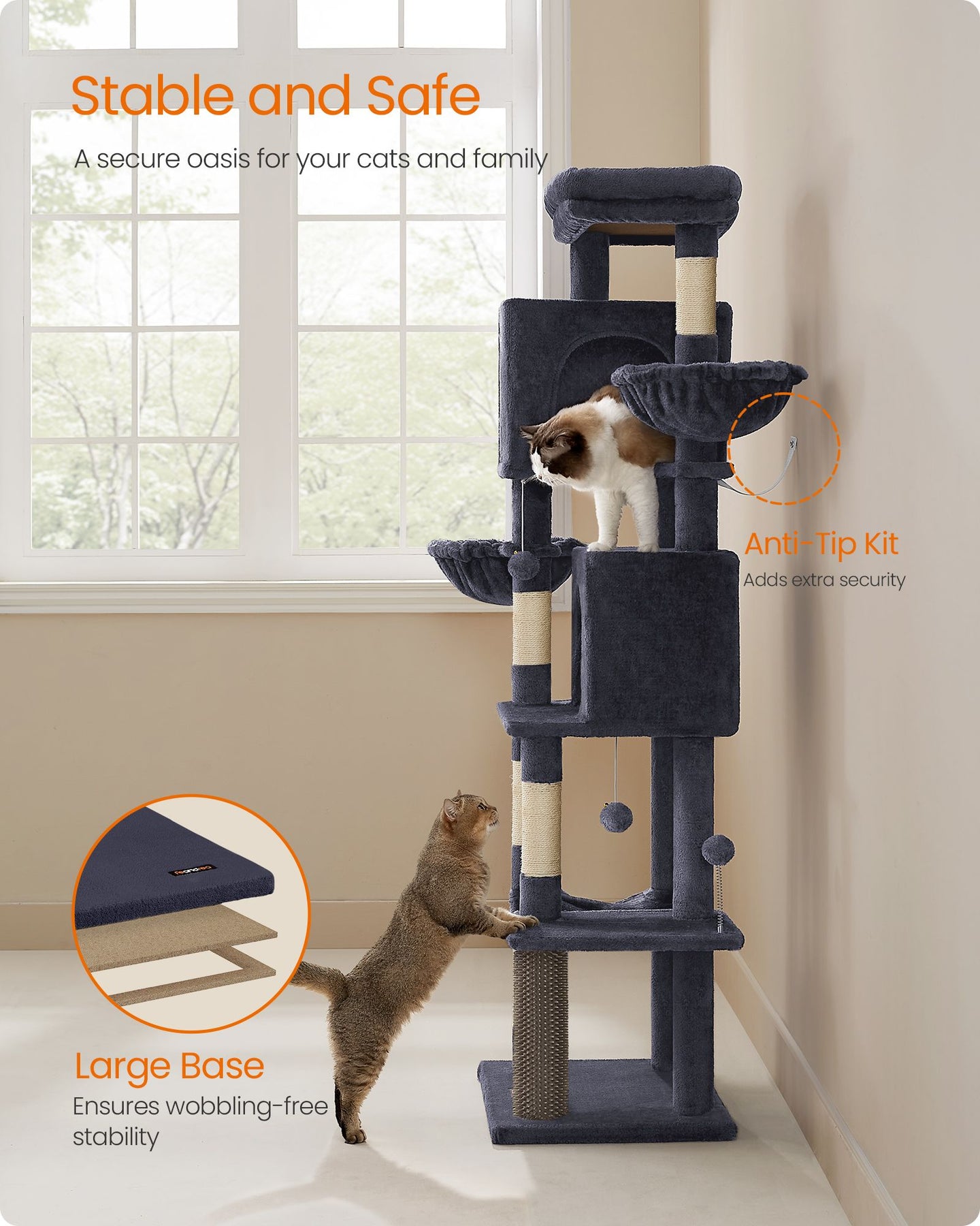Cat Tree - Engineered Wood - Dark Grey - Multi-Level with 5 Scratching Posts and 2 Caves