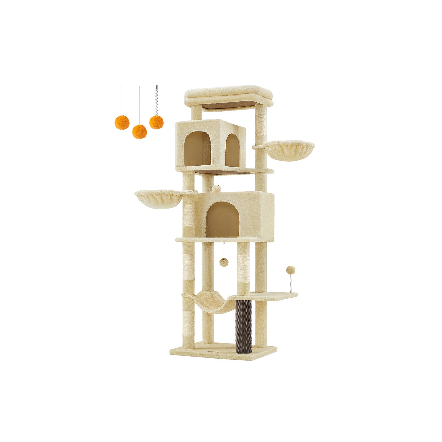 Cat Tree - Engineered Wood - Sand Beige - Multi-Level with 5 Scratching Posts and 2 Caves