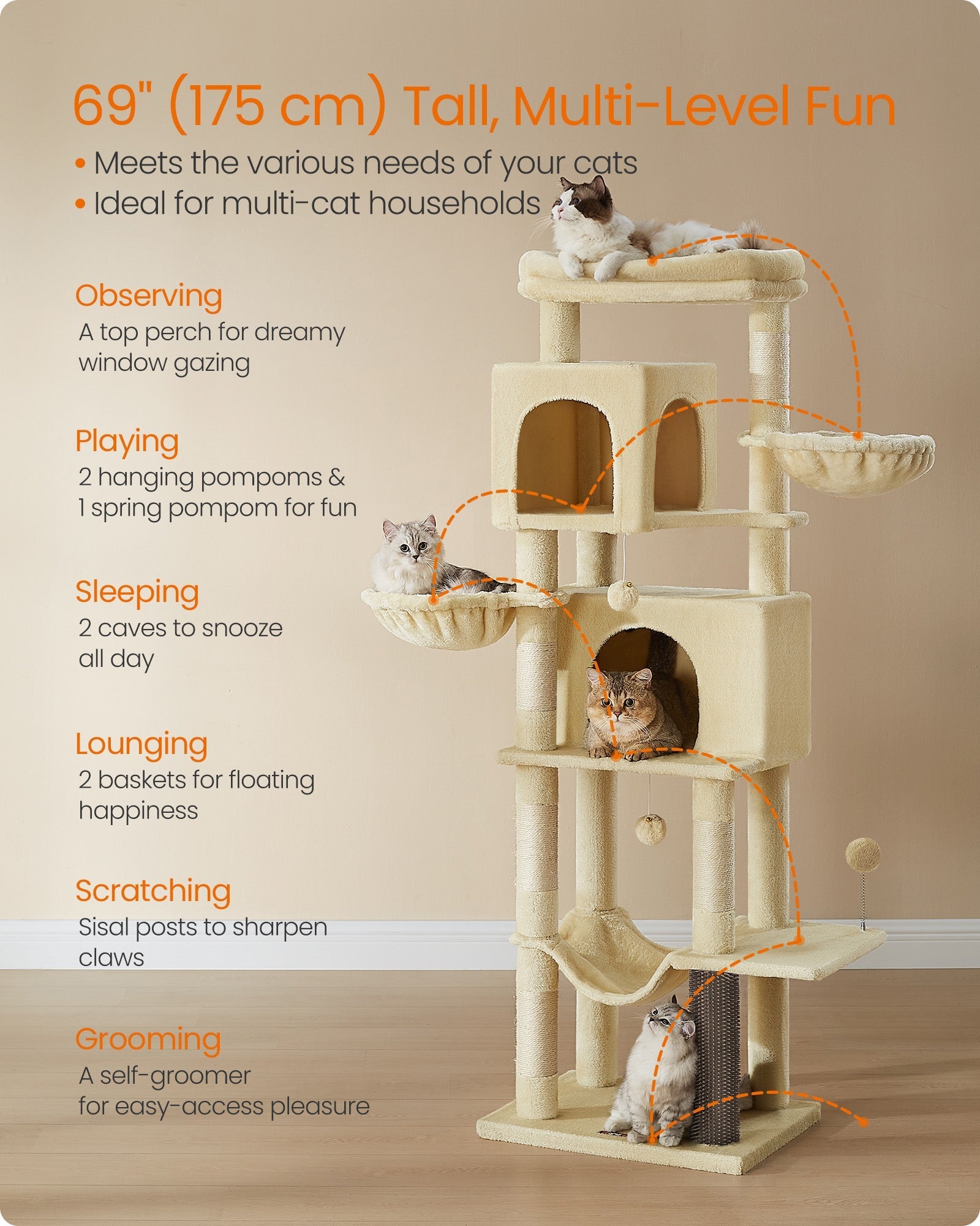 Cat Tree - Engineered Wood - Sand Beige - Multi-Level with 5 Scratching Posts and 2 Caves