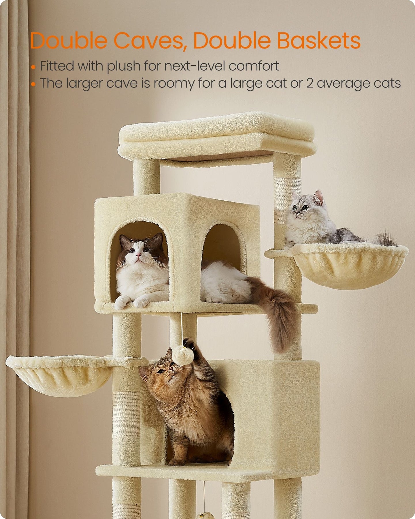 Cat Tree - Engineered Wood - Sand Beige - Multi-Level with 5 Scratching Posts and 2 Caves