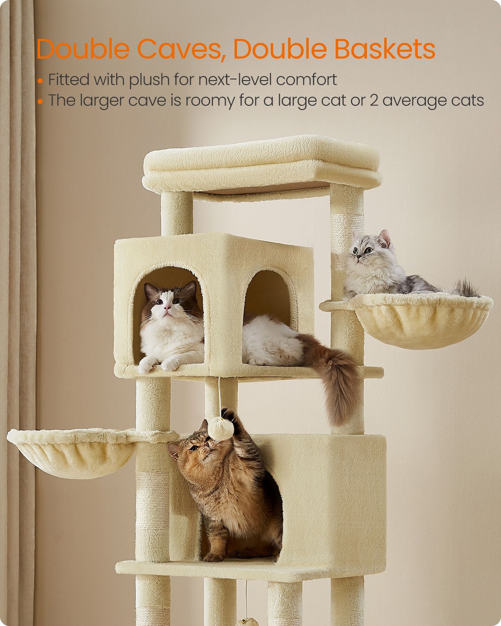 Cat Tree - Engineered Wood - Sand Beige - Multi-Level with 5 Scratching Posts and 2 Caves