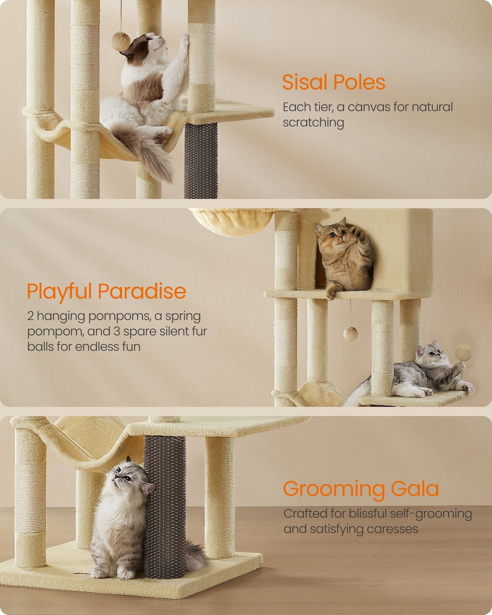 Cat Tree - Engineered Wood - Sand Beige - Multi-Level with 5 Scratching Posts and 2 Caves