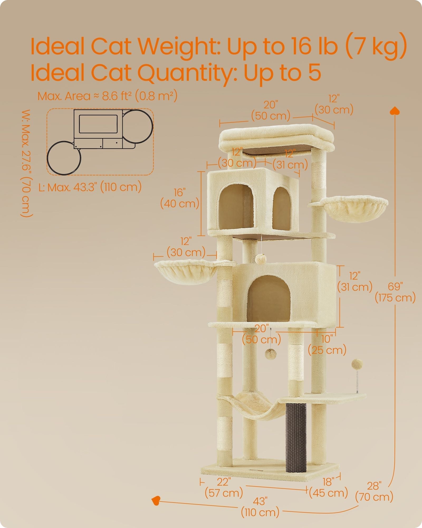 Cat Tree - Engineered Wood - Sand Beige - Multi-Level with 5 Scratching Posts and 2 Caves