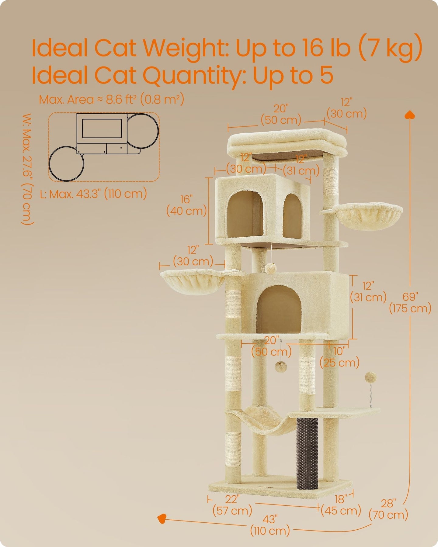 Cat Tree - Engineered Wood - Sand Beige - Multi-Level with 5 Scratching Posts and 2 Caves