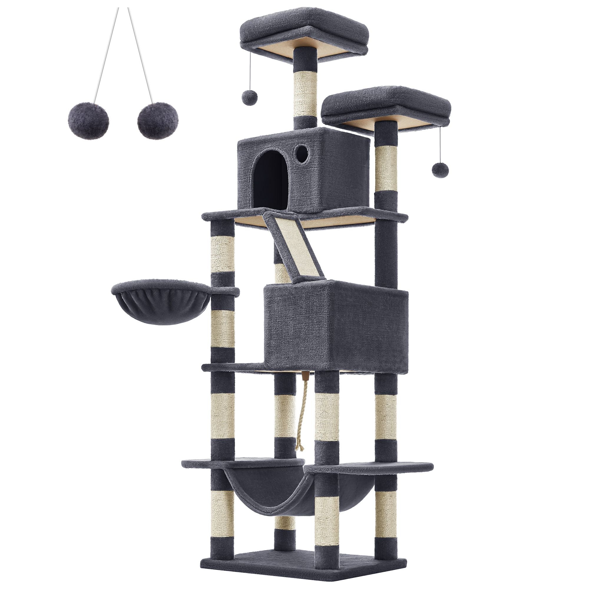 Large Cat Tower - 13 Scratching Posts - Engineered Wood - Light Grey