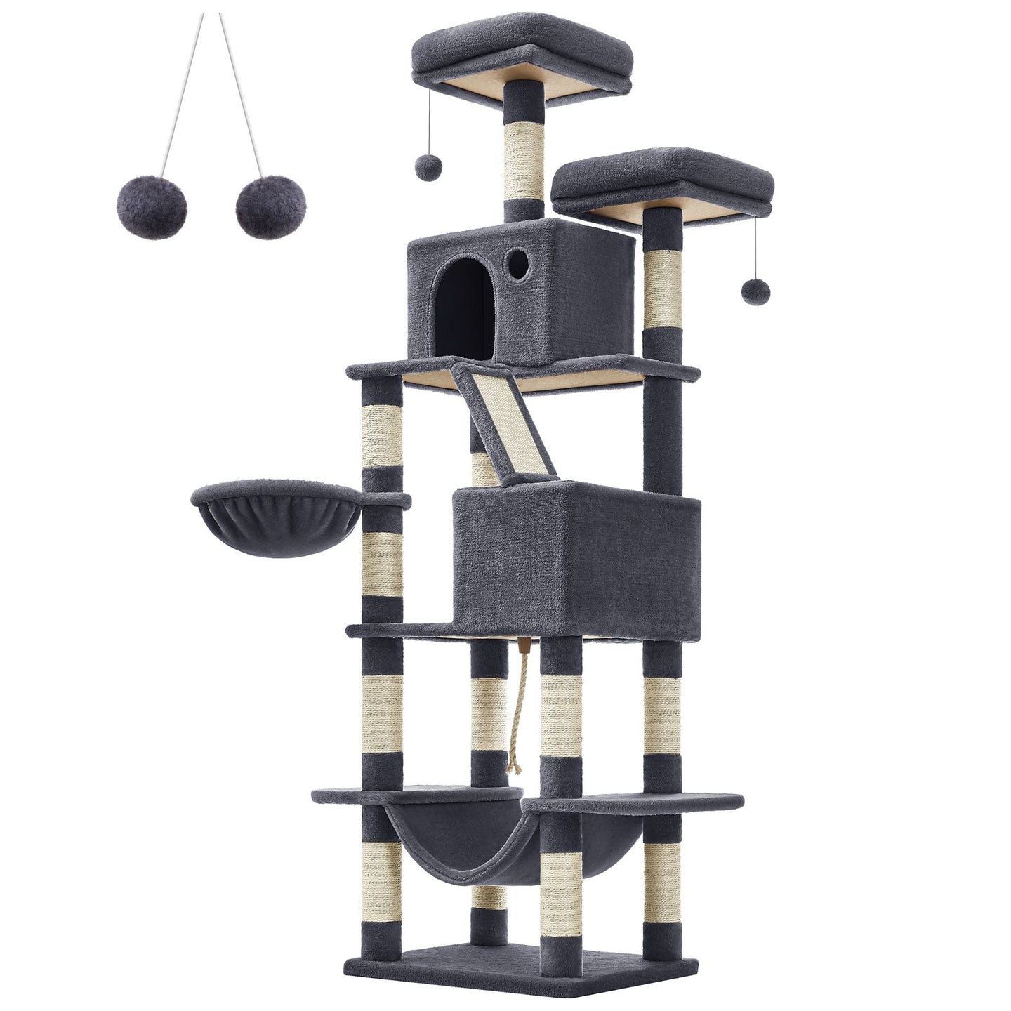 Large Cat Tower - 13 Scratching Posts - Engineered Wood - Light Grey