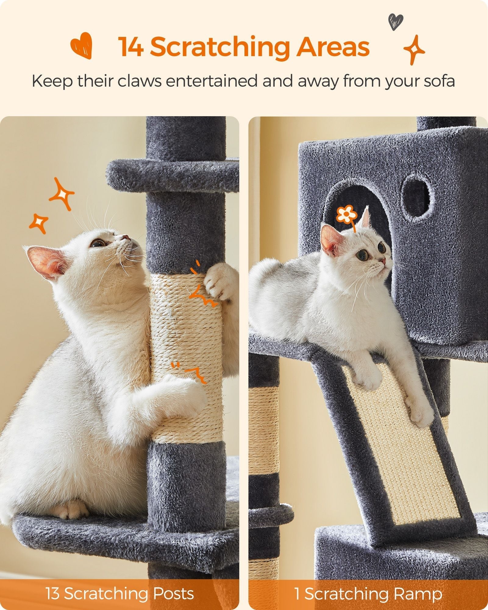 Large Cat Tower - 13 Scratching Posts - Engineered Wood - Light Grey