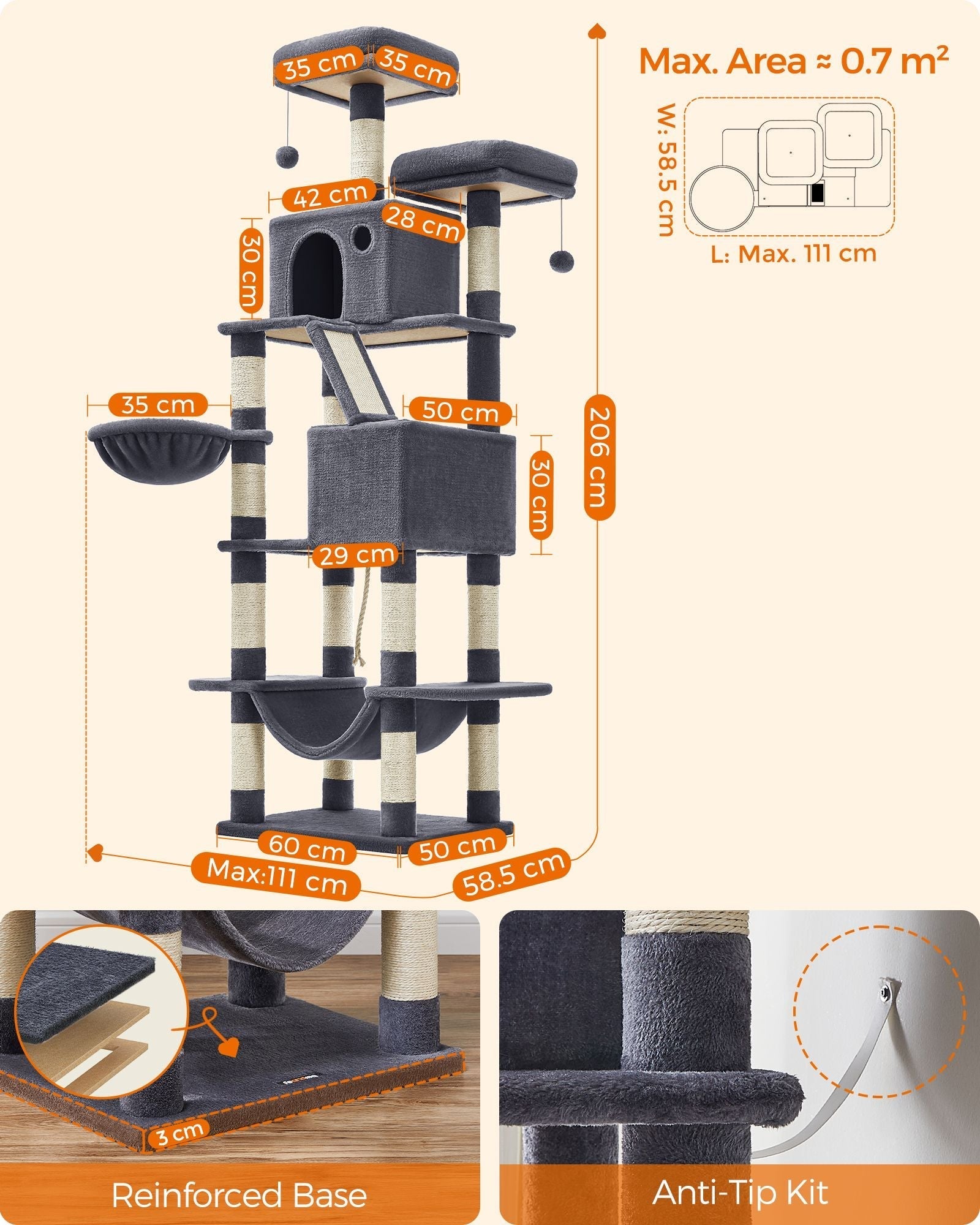 Large Cat Tower - 13 Scratching Posts - Engineered Wood - Light Grey