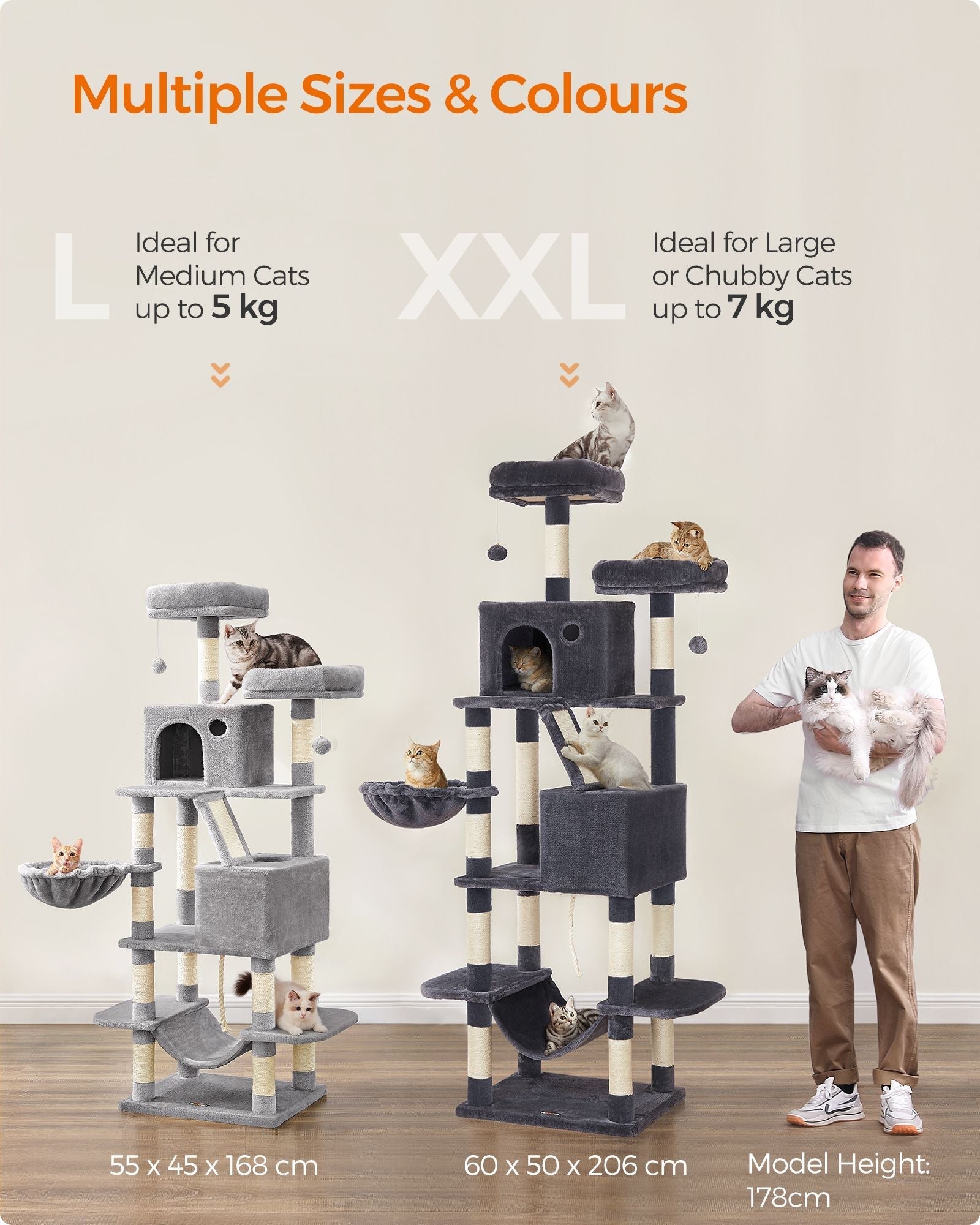 Large Cat Tower - 13 Scratching Posts - Engineered Wood - Light Grey