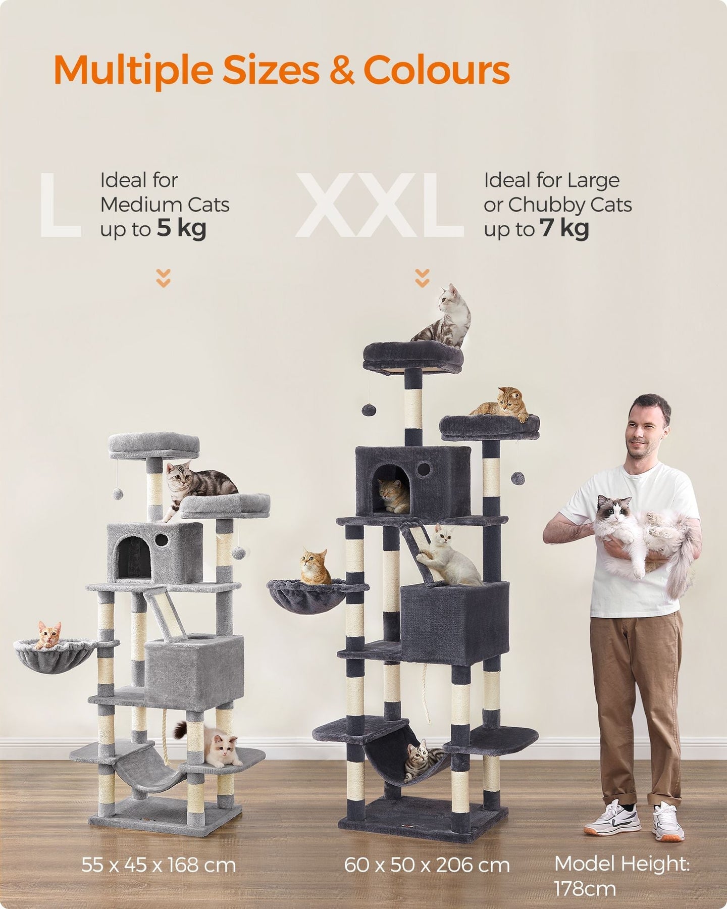 Large Cat Tower - 13 Scratching Posts - Engineered Wood - Light Grey
