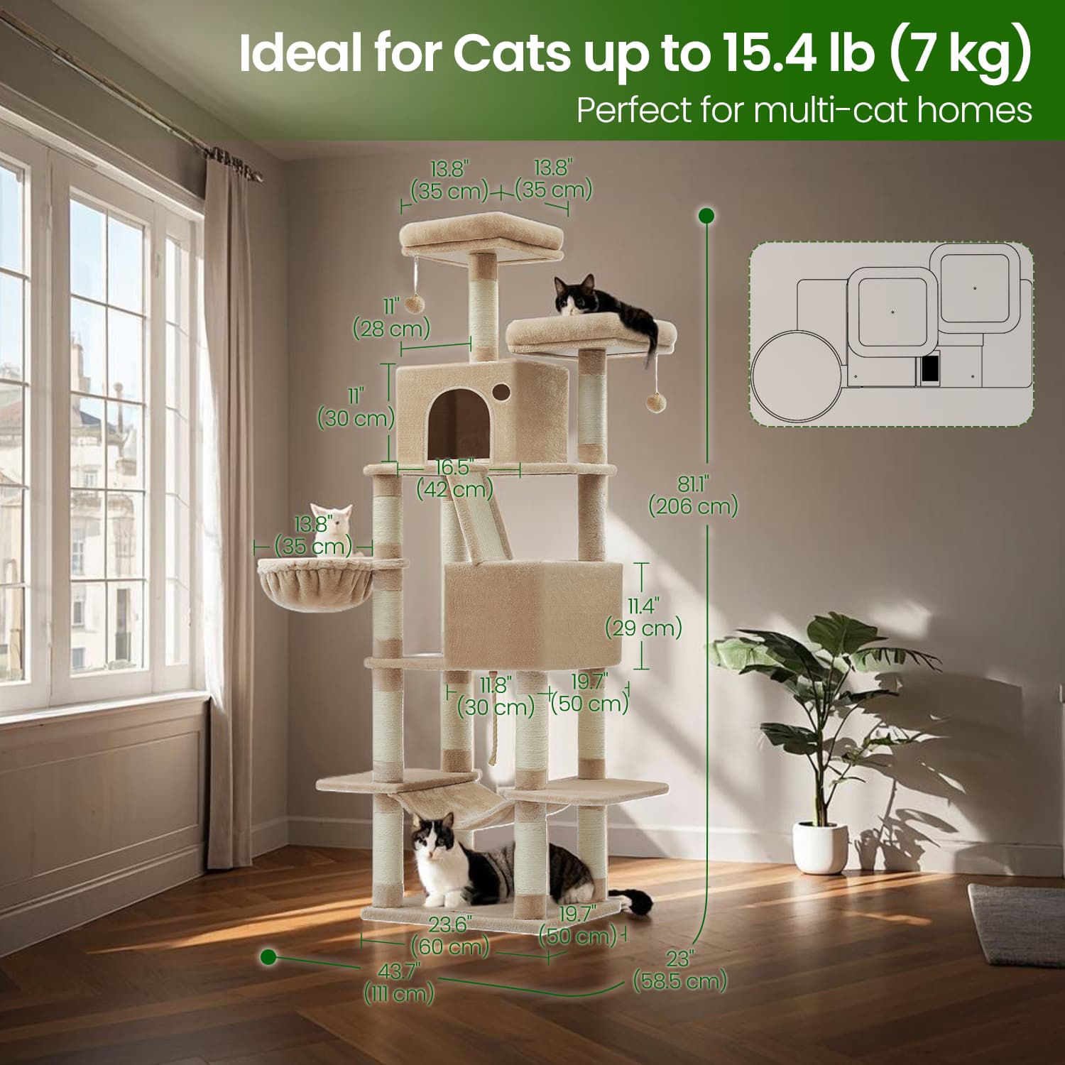 Large Cat Tree - Engineered Wood - Smoky Gray - 13 Scratching Posts