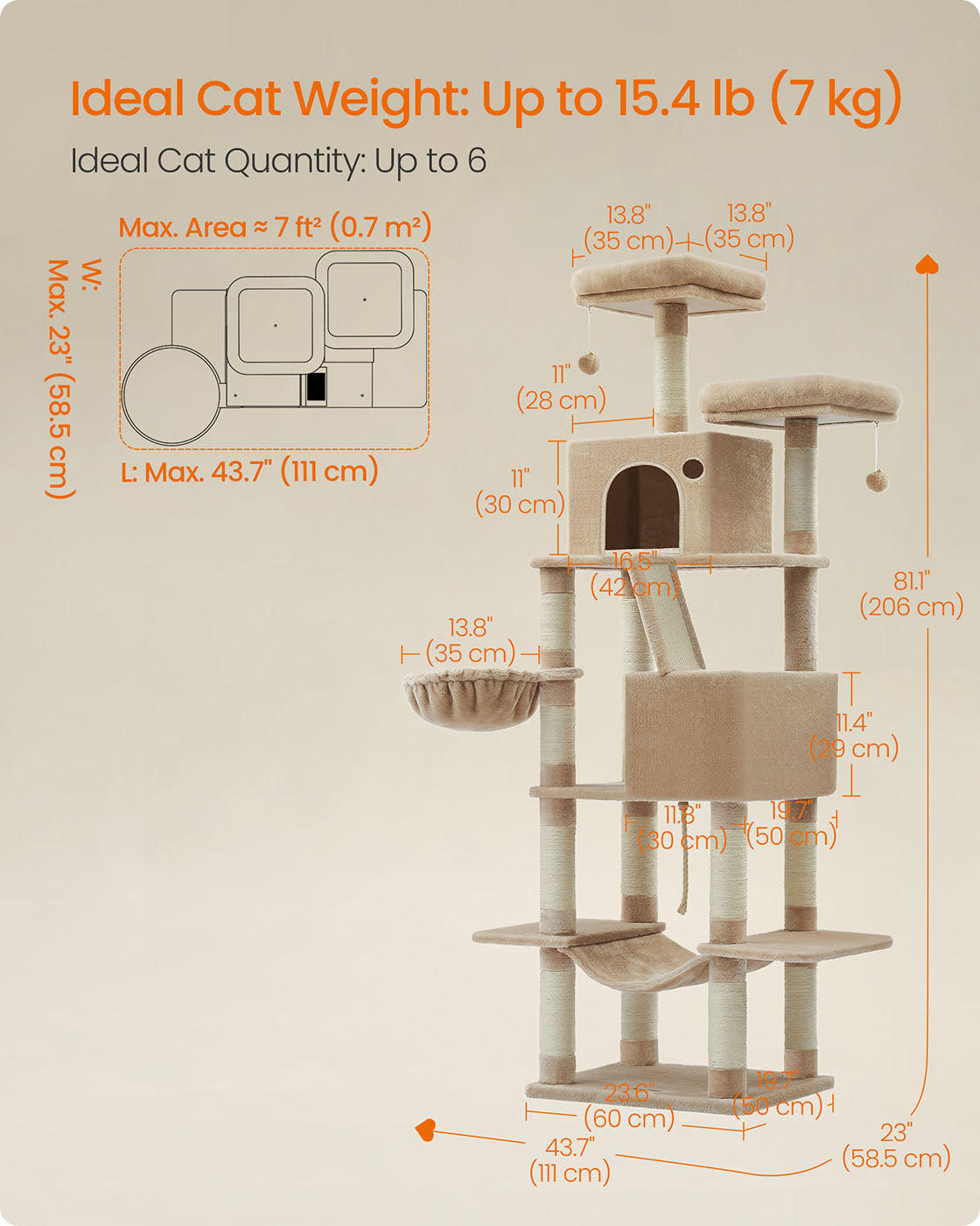 Cat Tower - Engineered Wood - Camel Brown - 13 Scratching Posts