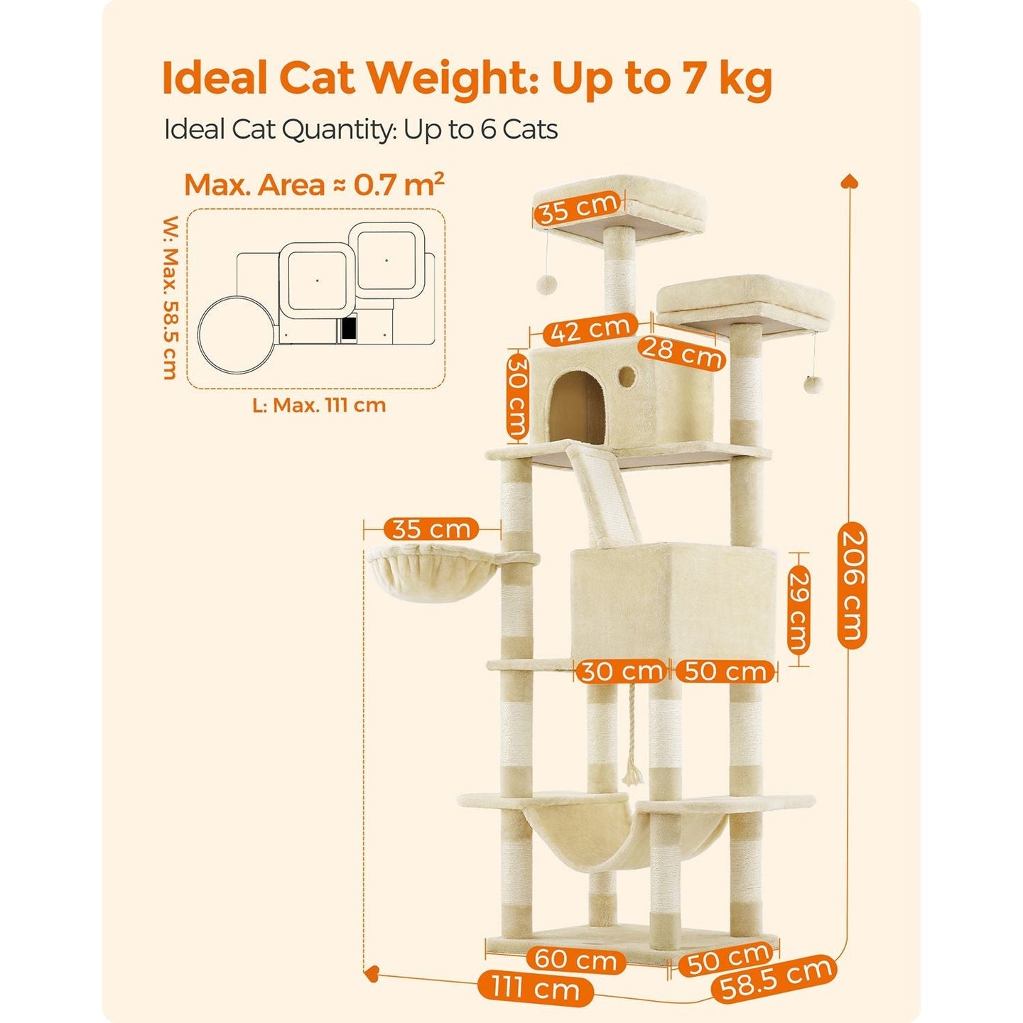 Cat Tree - Engineered Wood - Light Grey - 206 cm with 13 Scratching Posts