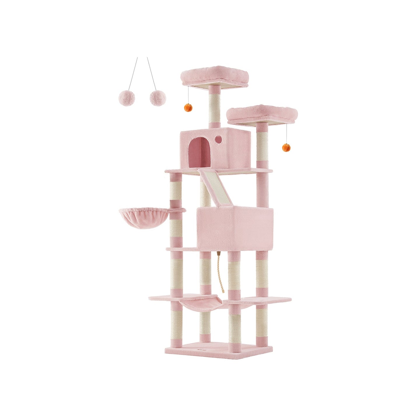 Large Multi-Level Cat Tree - Wood - Jelly Pink - 206 cm Tall with 13 Scratching Posts