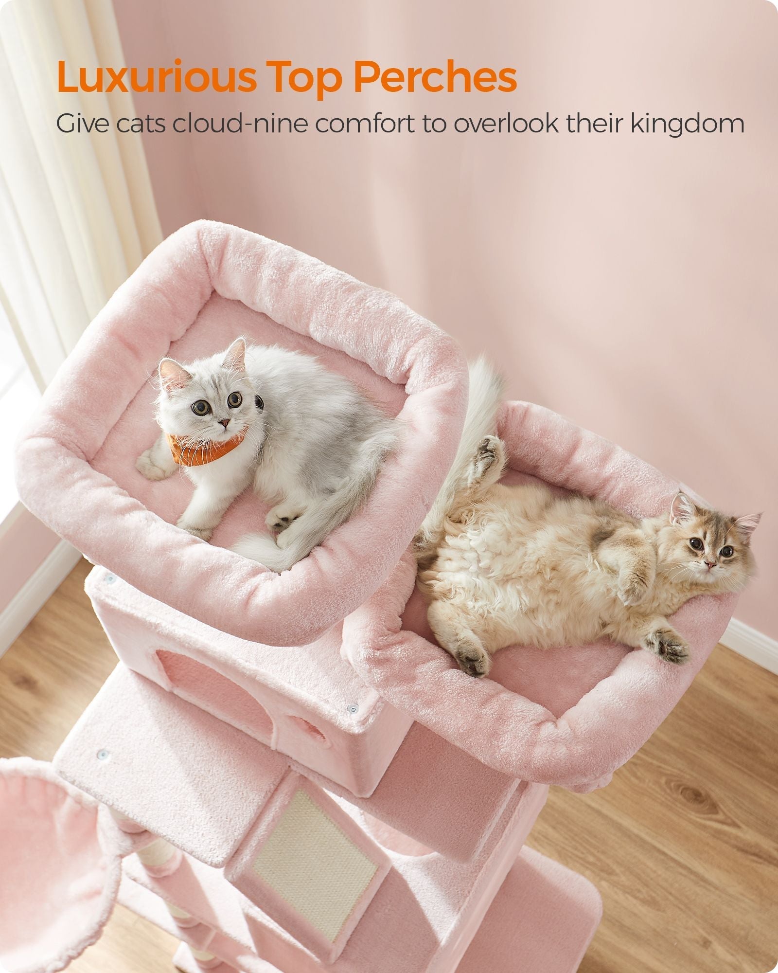 Large Multi-Level Cat Tree - Wood - Jelly Pink - 206 cm Tall with 13 Scratching Posts